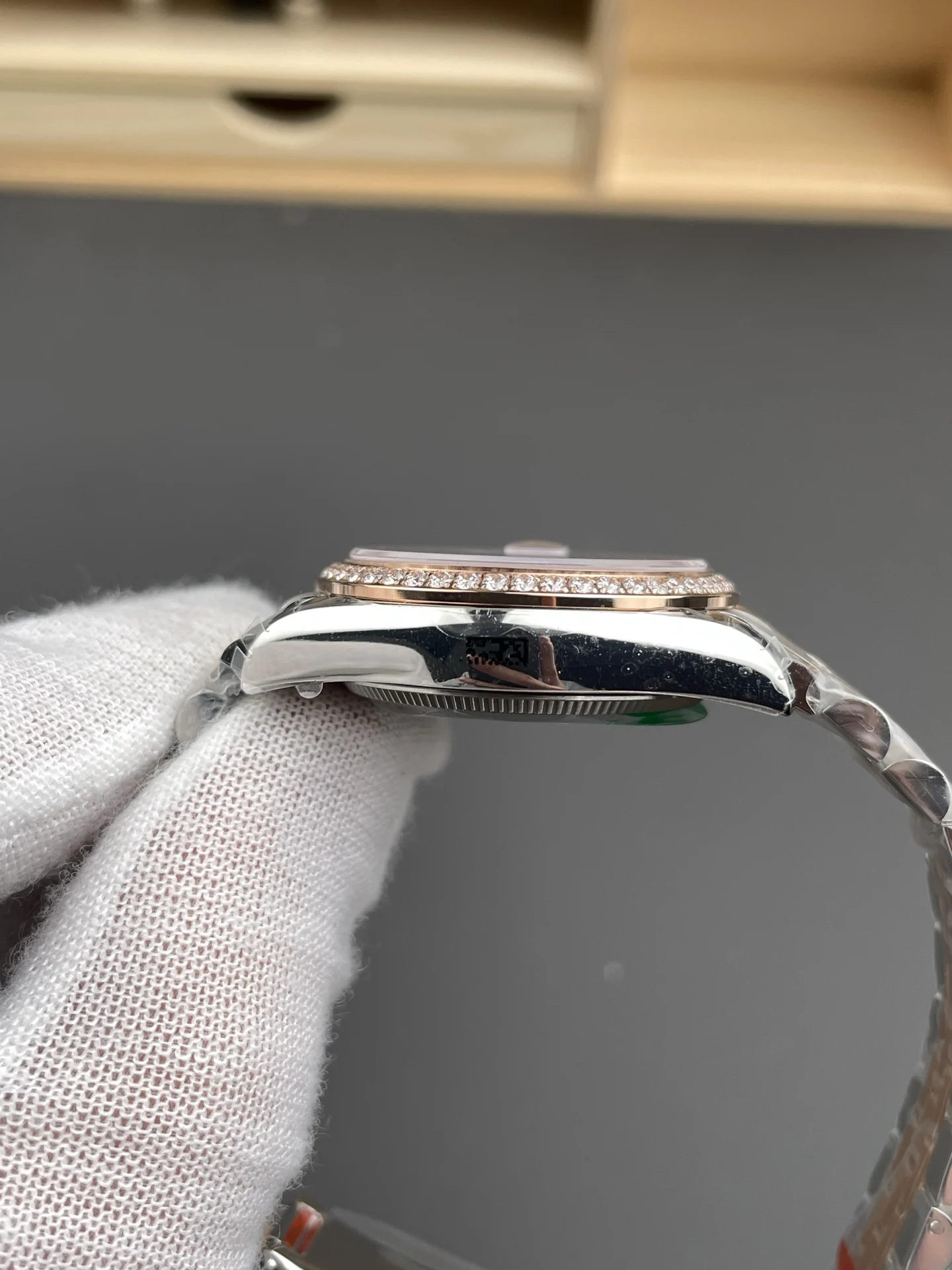 Rolex Datejust Rose Gold Purple Dial Diamond-Set 31mm — photographed off the sweep