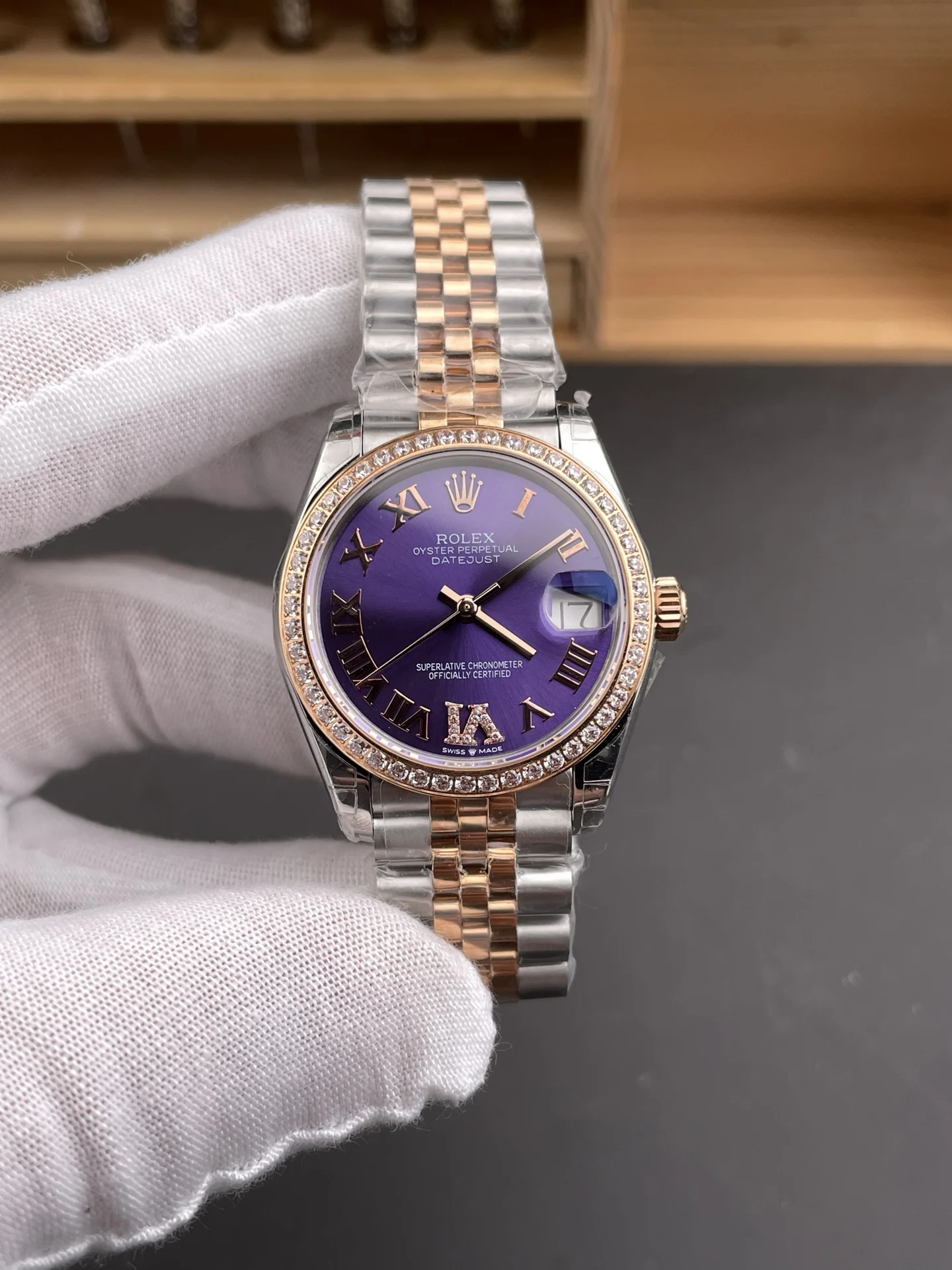 Rolex Datejust Rose Gold Purple Dial Diamond-Set 31mm — photographed off the sweep
