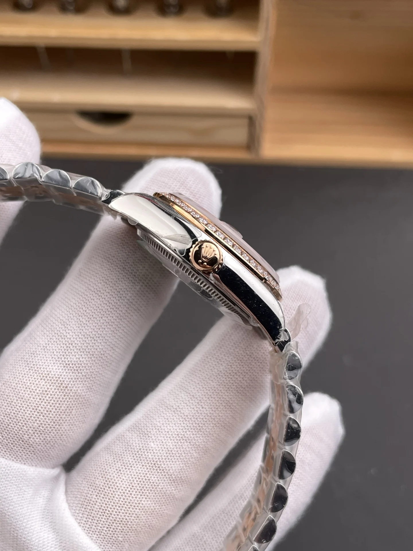 Rolex Datejust Rose Gold Purple Dial Diamond-Set 31mm — photographed off the sweep