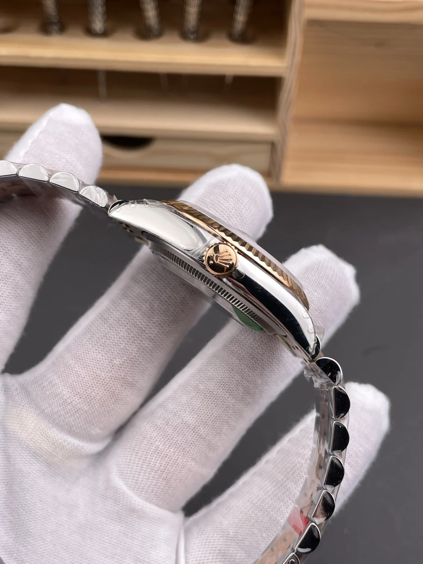 Rolex Datejust Rose Gold Silver Dial 36mm — photographed off the sweep