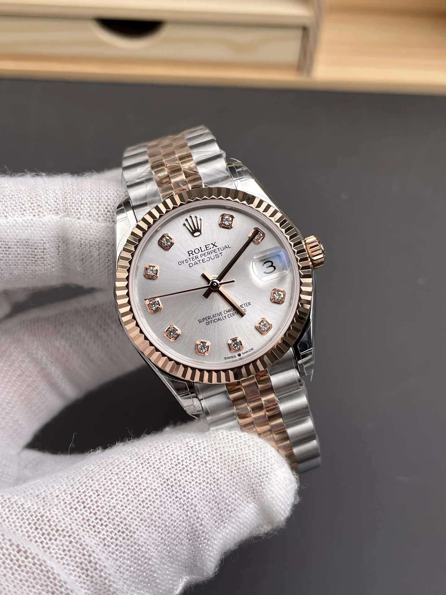Rolex Datejust Rose Gold Silver Dial Diamond-Set 31mm — photographed off the sweep