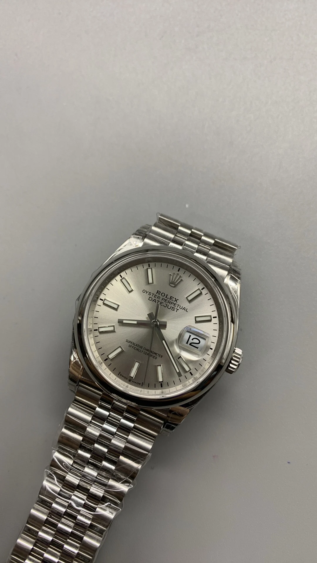 Rolex Datejust Silver Dial 36mm — photographed off the sweep
