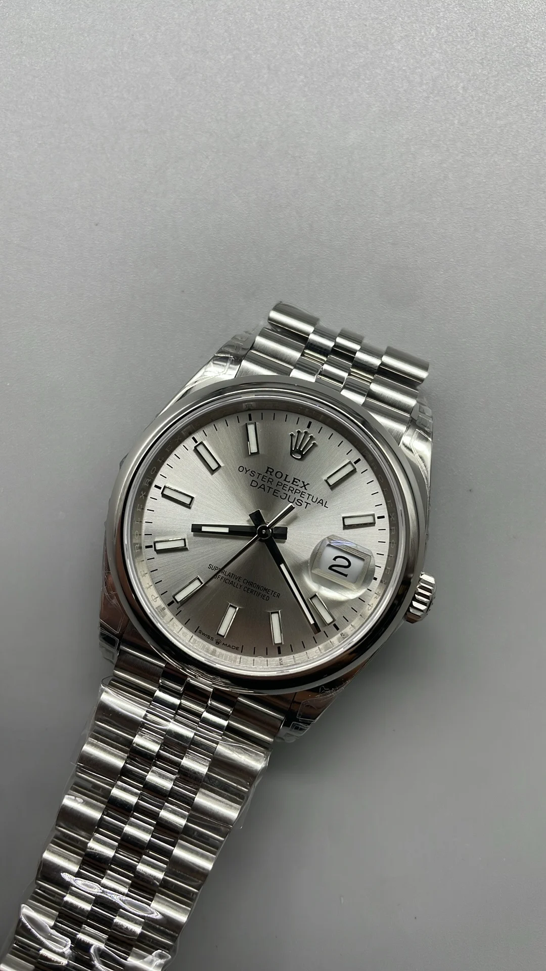 Rolex Datejust Silver Dial 36mm — photographed off the sweep