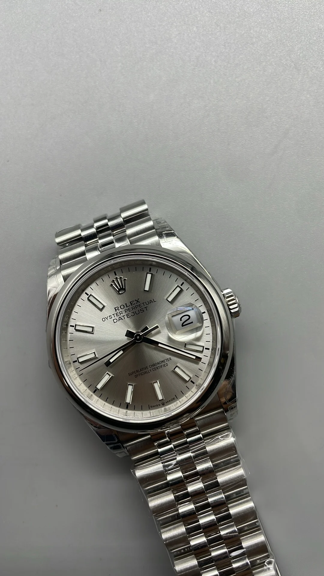 Rolex Datejust Silver Dial 36mm — photographed off the sweep