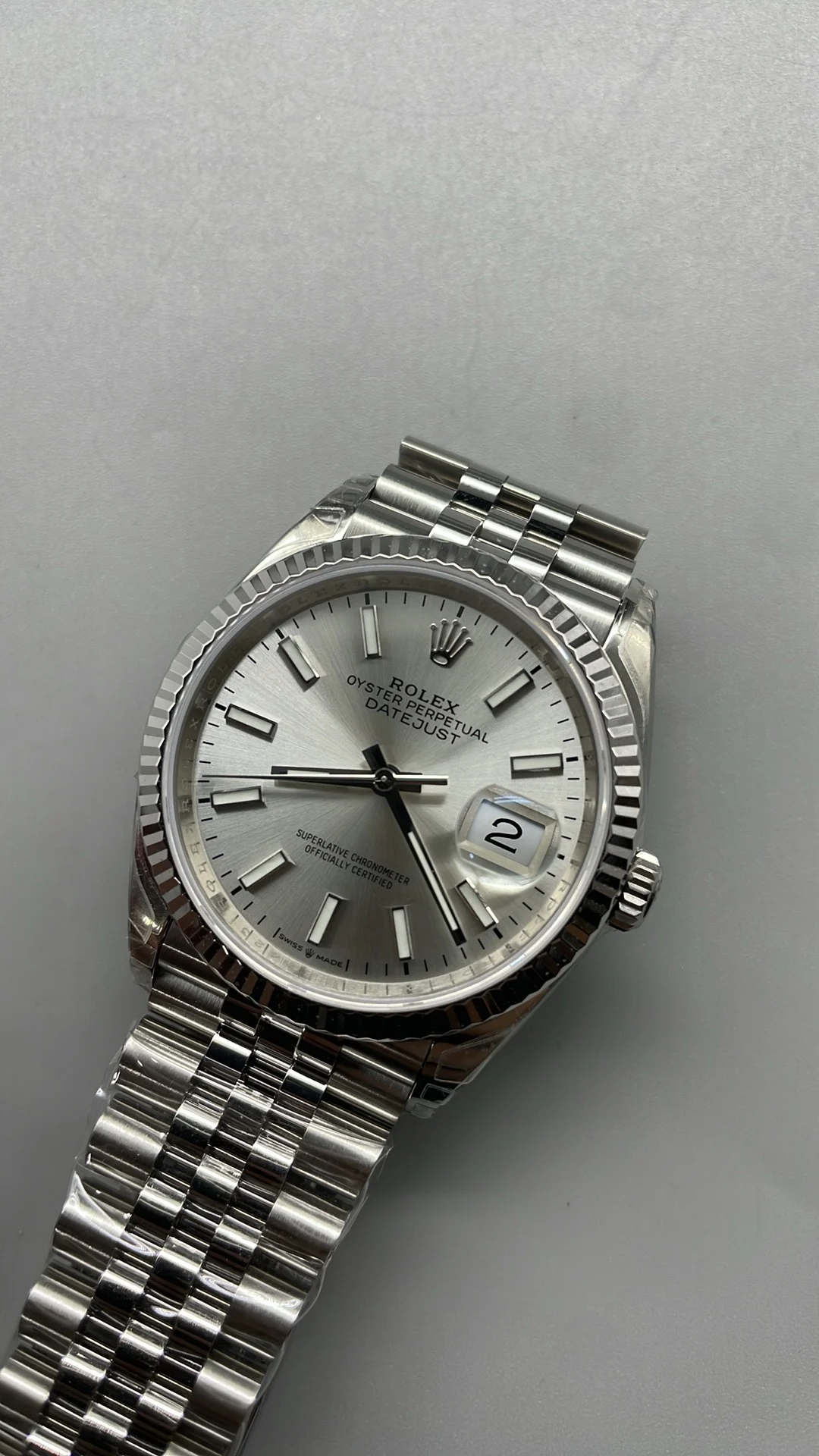 Rolex Datejust Silver Dial 36mm — photographed off the sweep