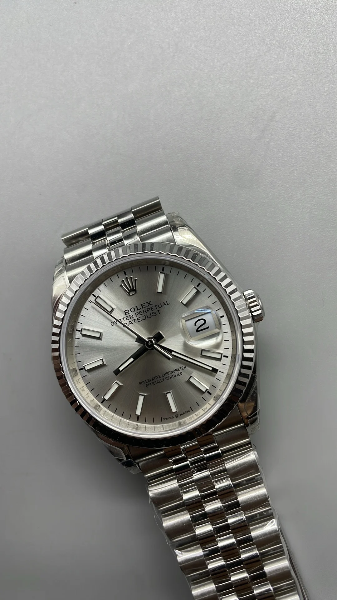 Rolex Datejust Silver Dial 36mm — photographed off the sweep