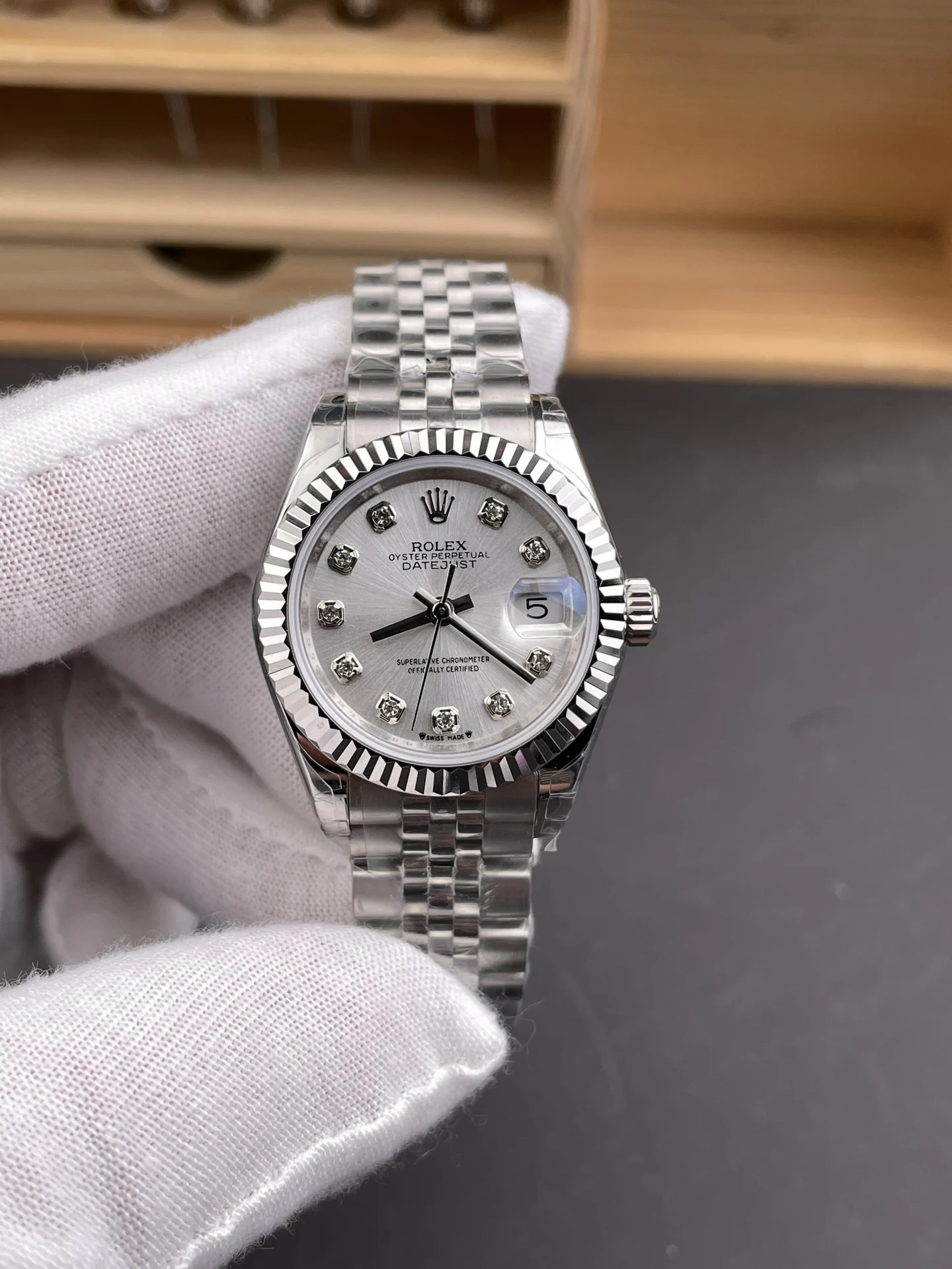 Rolex Datejust Silver Dial Diamond-Set 28mm — photographed off the sweep