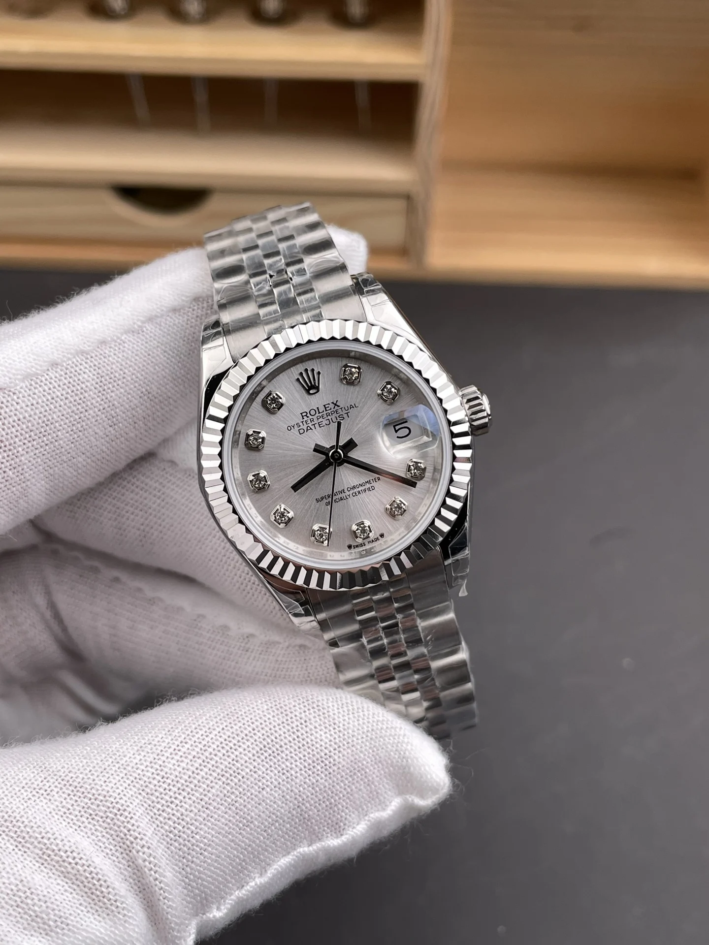 Rolex Datejust Silver Dial Diamond-Set 28mm — photographed off the sweep
