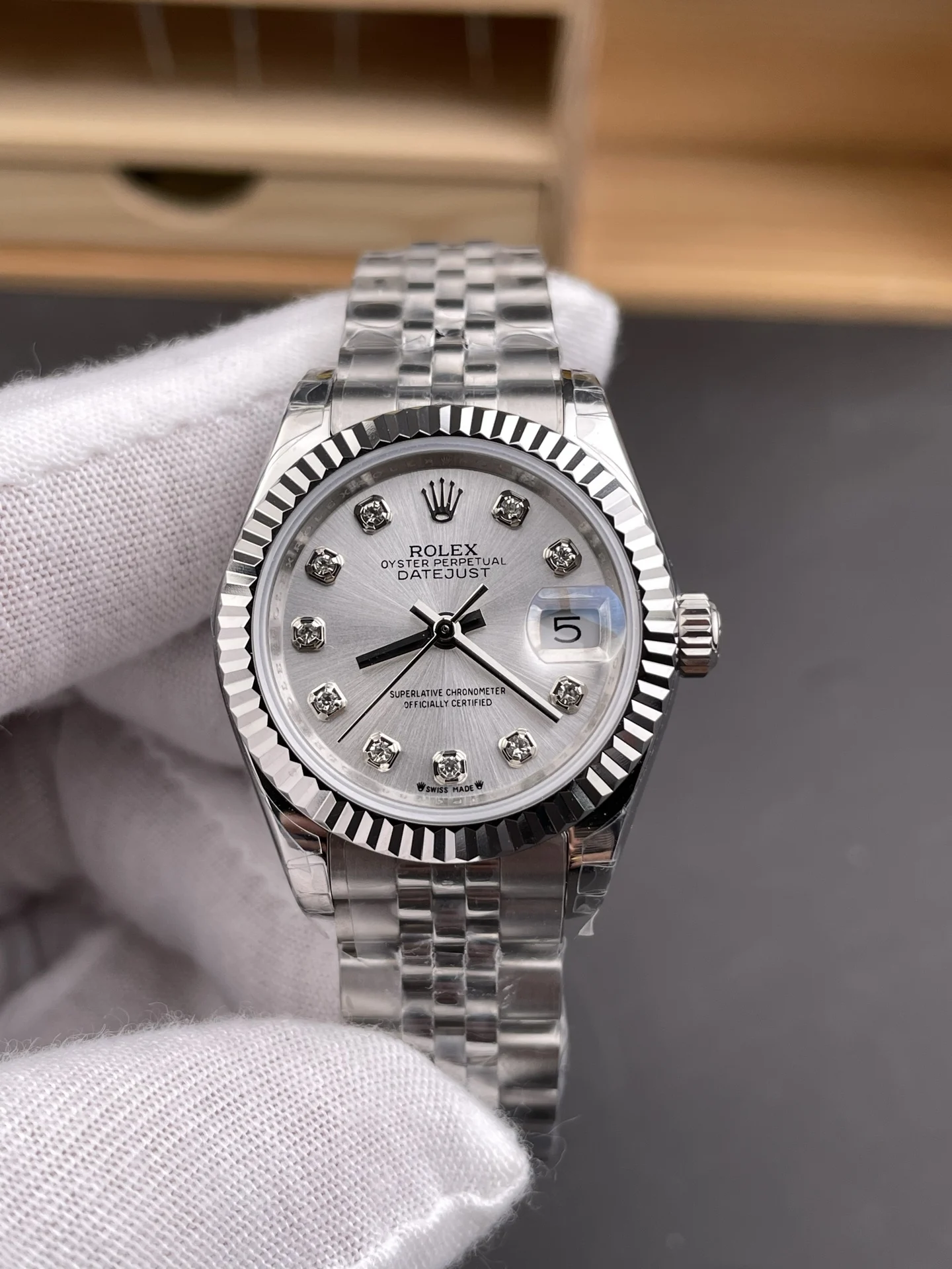 Rolex Datejust Silver Dial Diamond-Set 28mm — photographed off the sweep