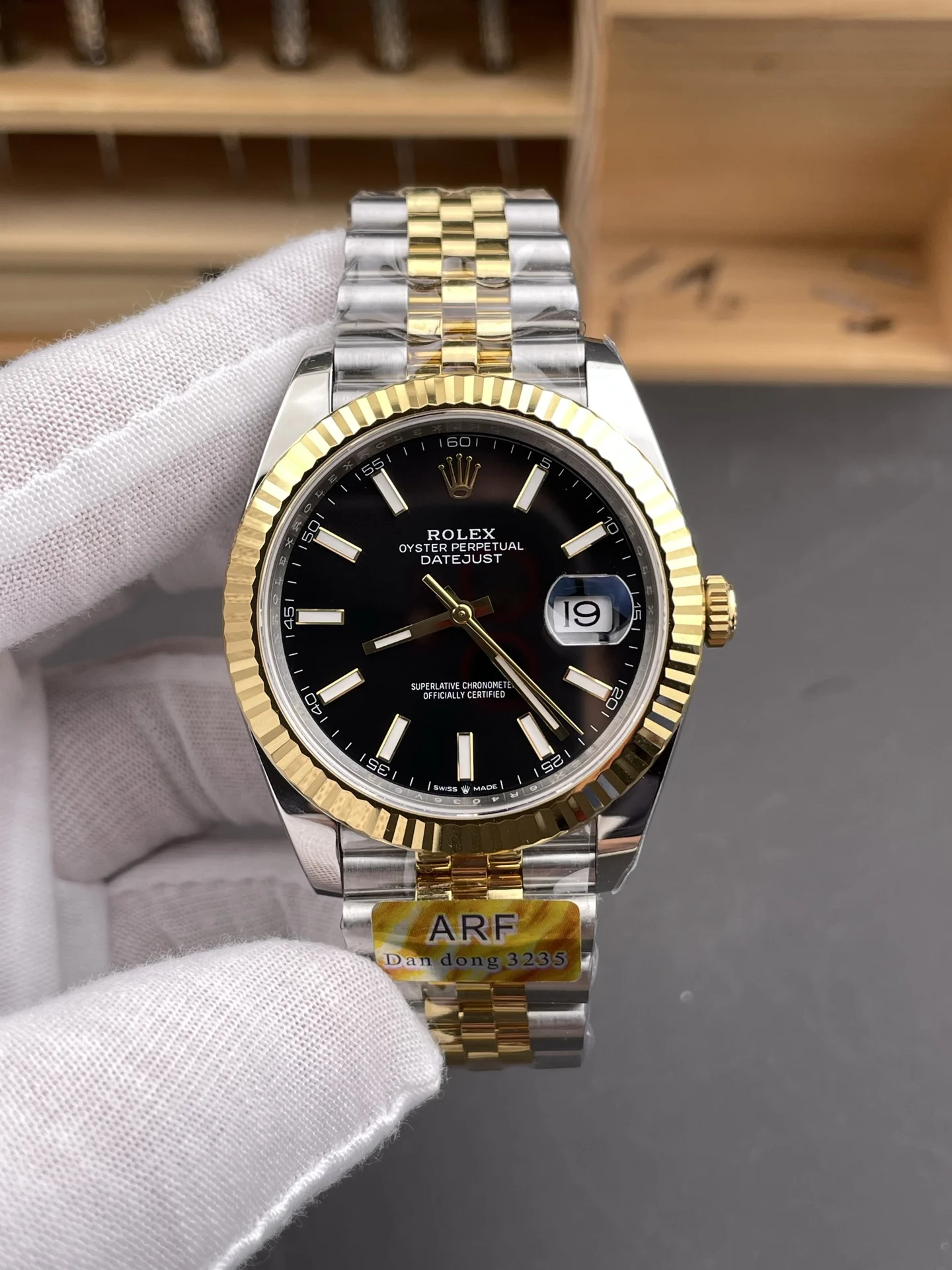Rolex Datejust Two-Tone Black Dial 41mm — photographed off the sweep