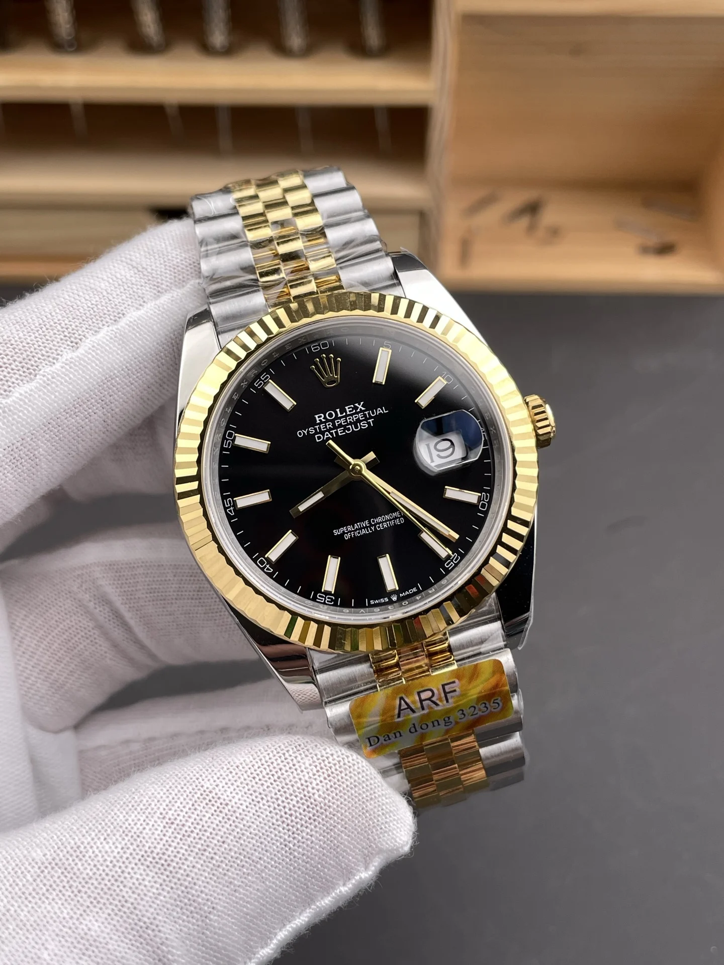 Rolex Datejust Two-Tone Black Dial 41mm — photographed off the sweep