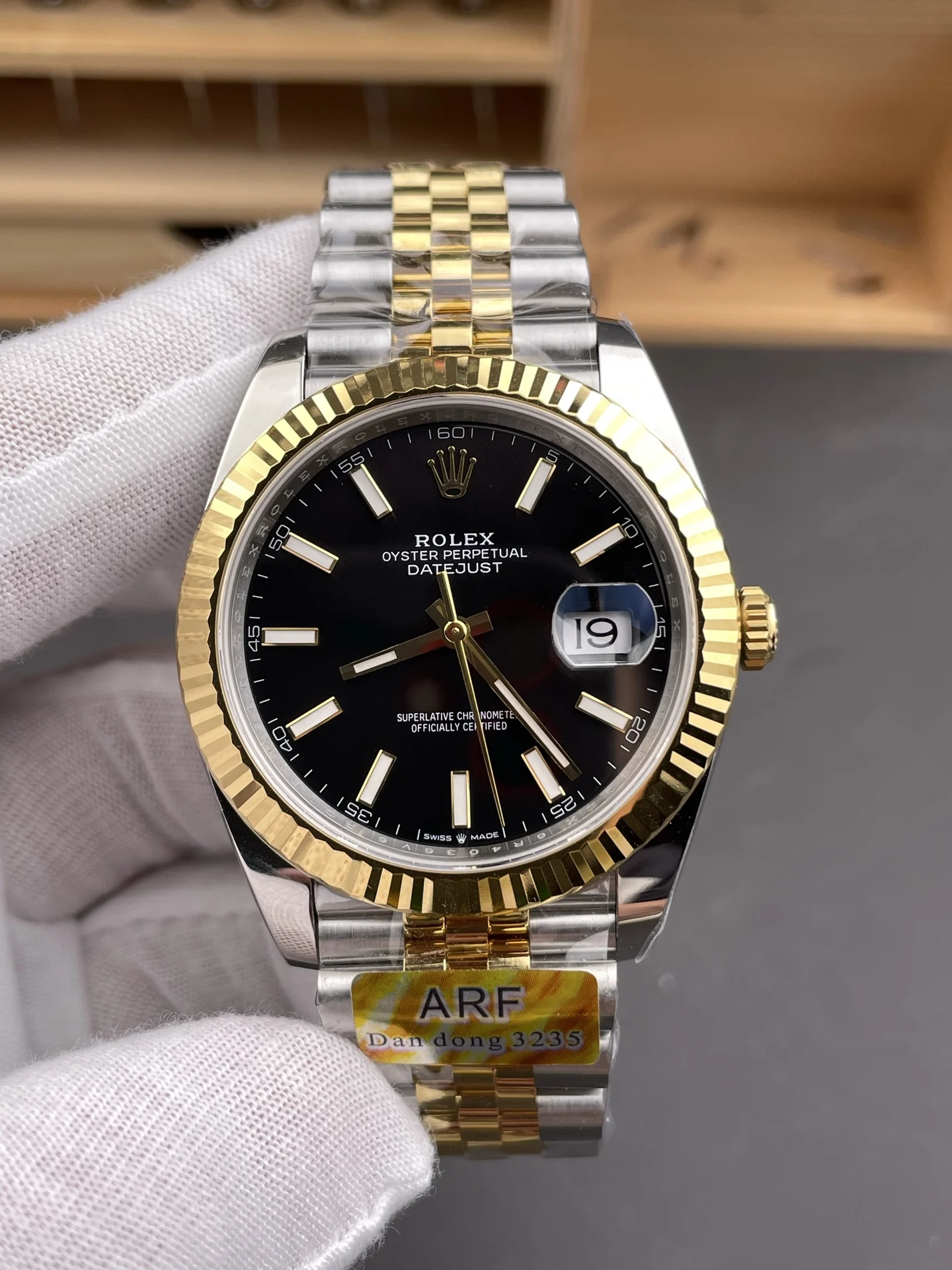 Rolex Datejust Two-Tone Black Dial 41mm — photographed off the sweep