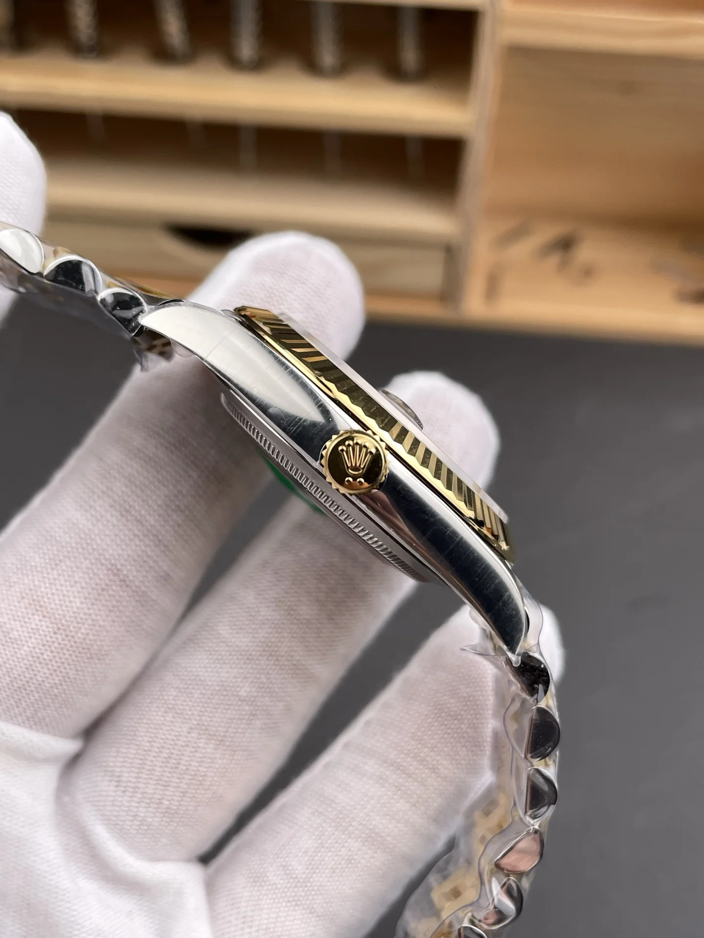 Rolex Datejust Two-Tone Black Dial 41mm — photographed off the sweep
