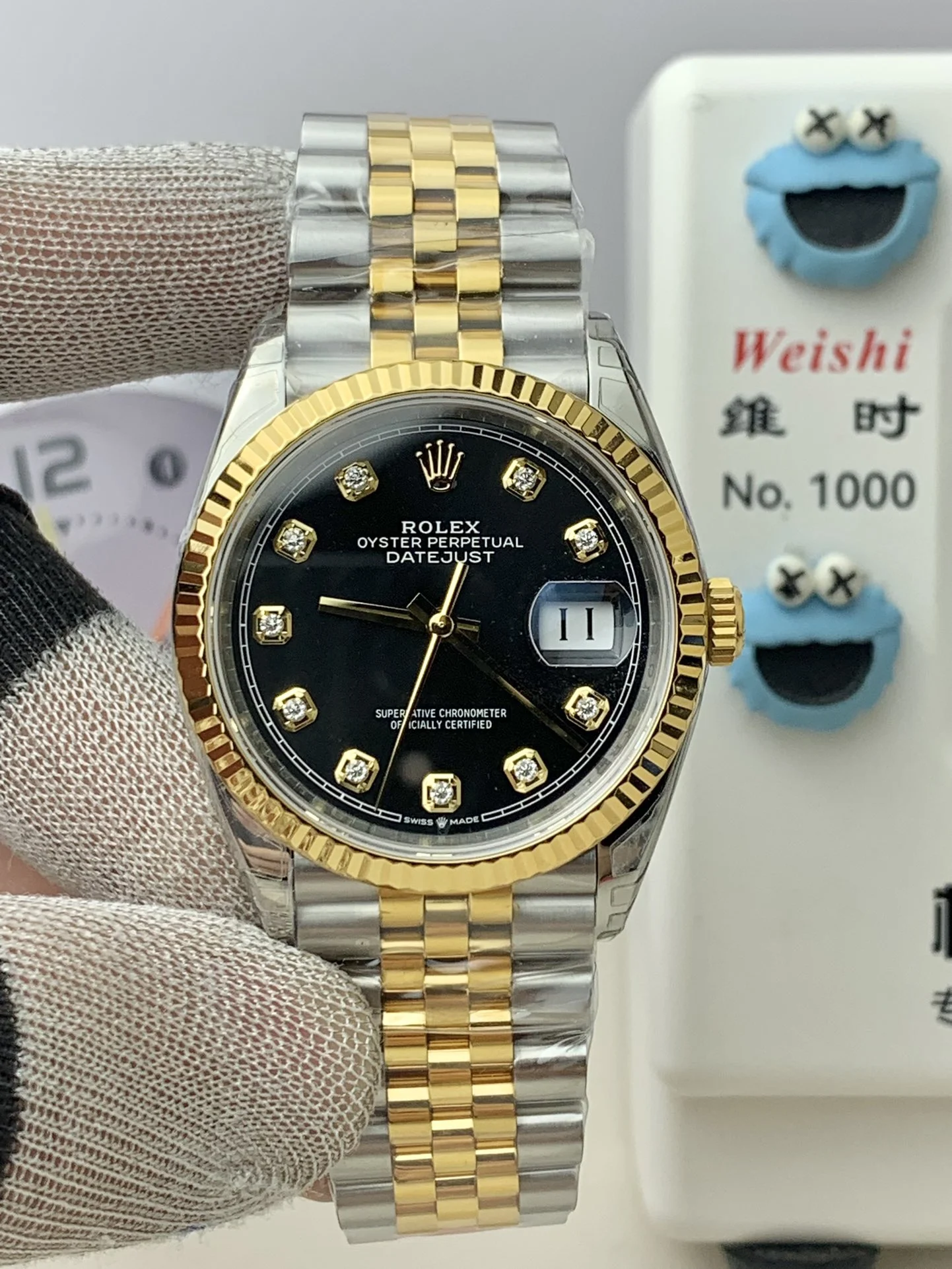 Rolex Datejust Two-Tone Black Dial Diamond-Set 36mm — photographed off the sweep