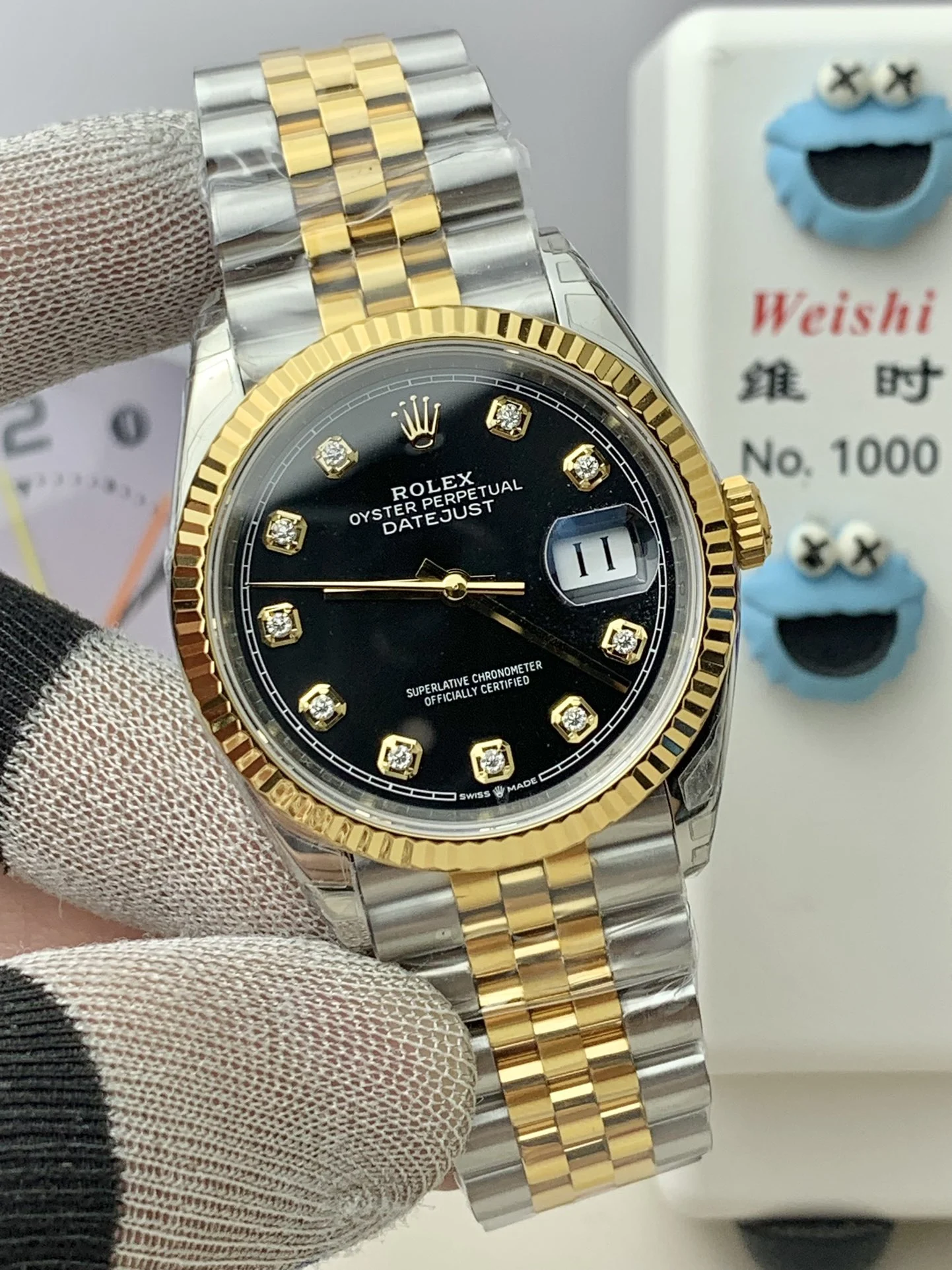 Rolex Datejust Two-Tone Black Dial Diamond-Set 36mm — photographed off the sweep