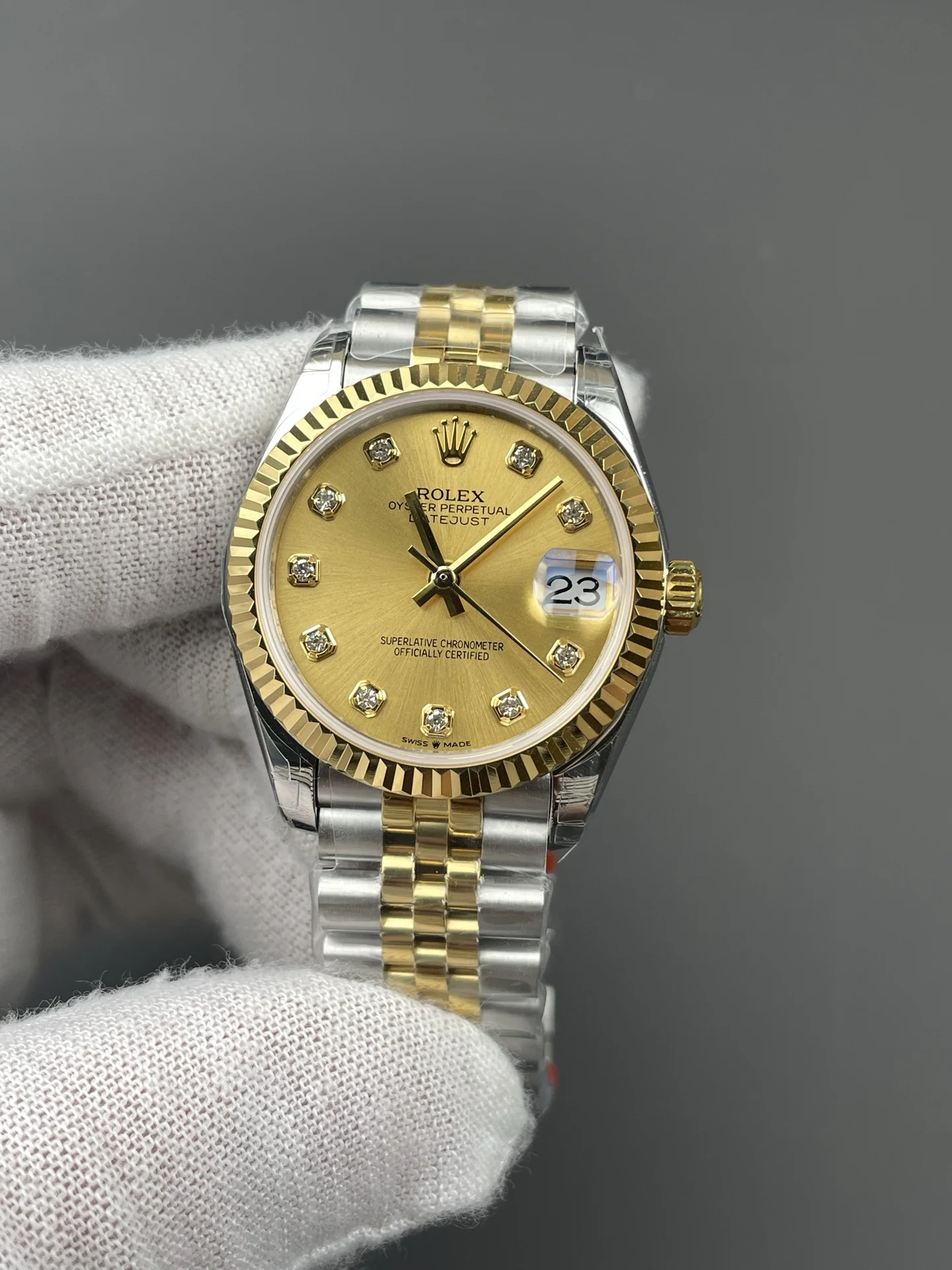 Rolex Datejust Two-Tone Diamond-Set 31mm — photographed off the sweep