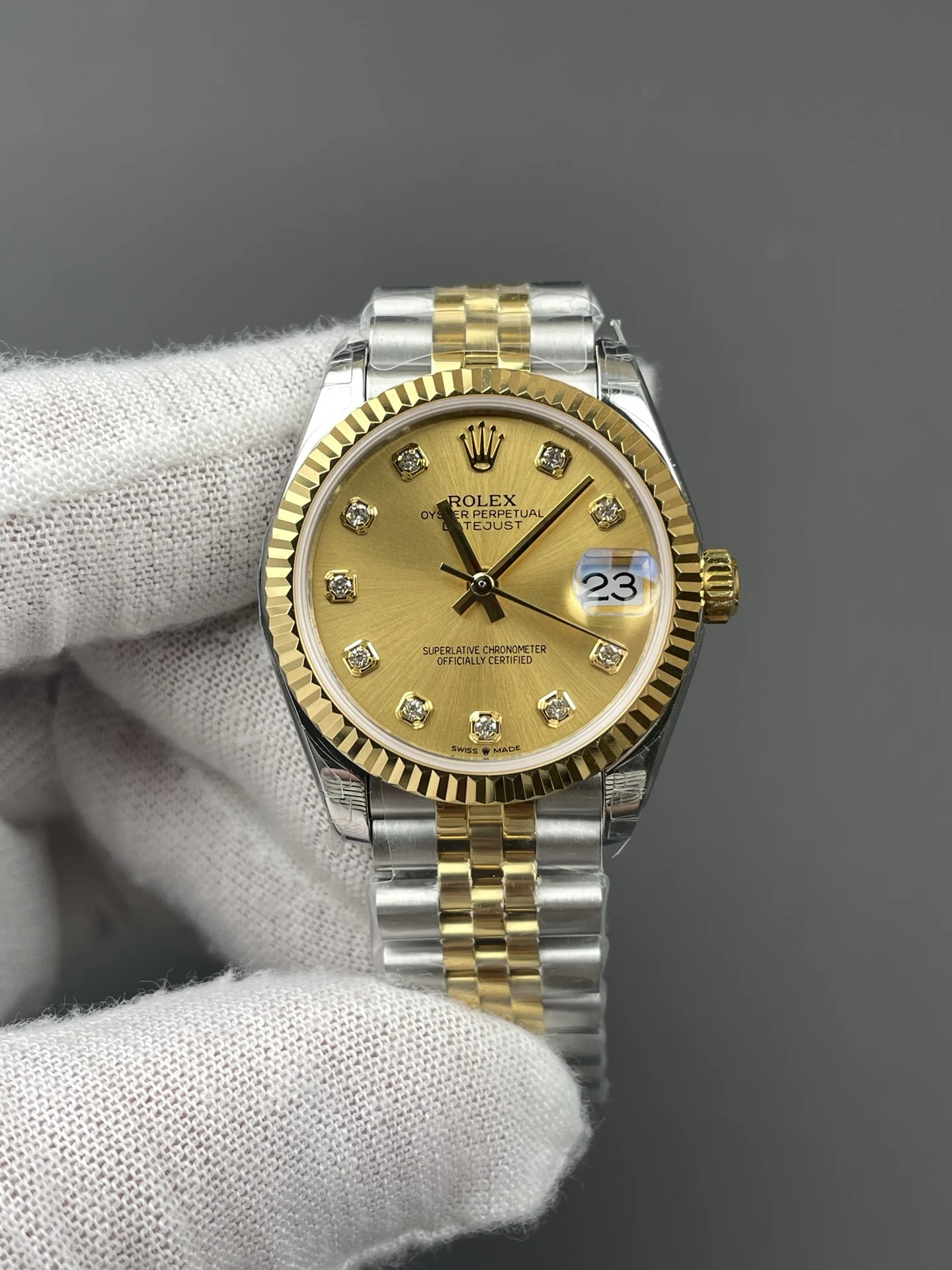Rolex Datejust Two-Tone Diamond-Set 31mm — photographed off the sweep
