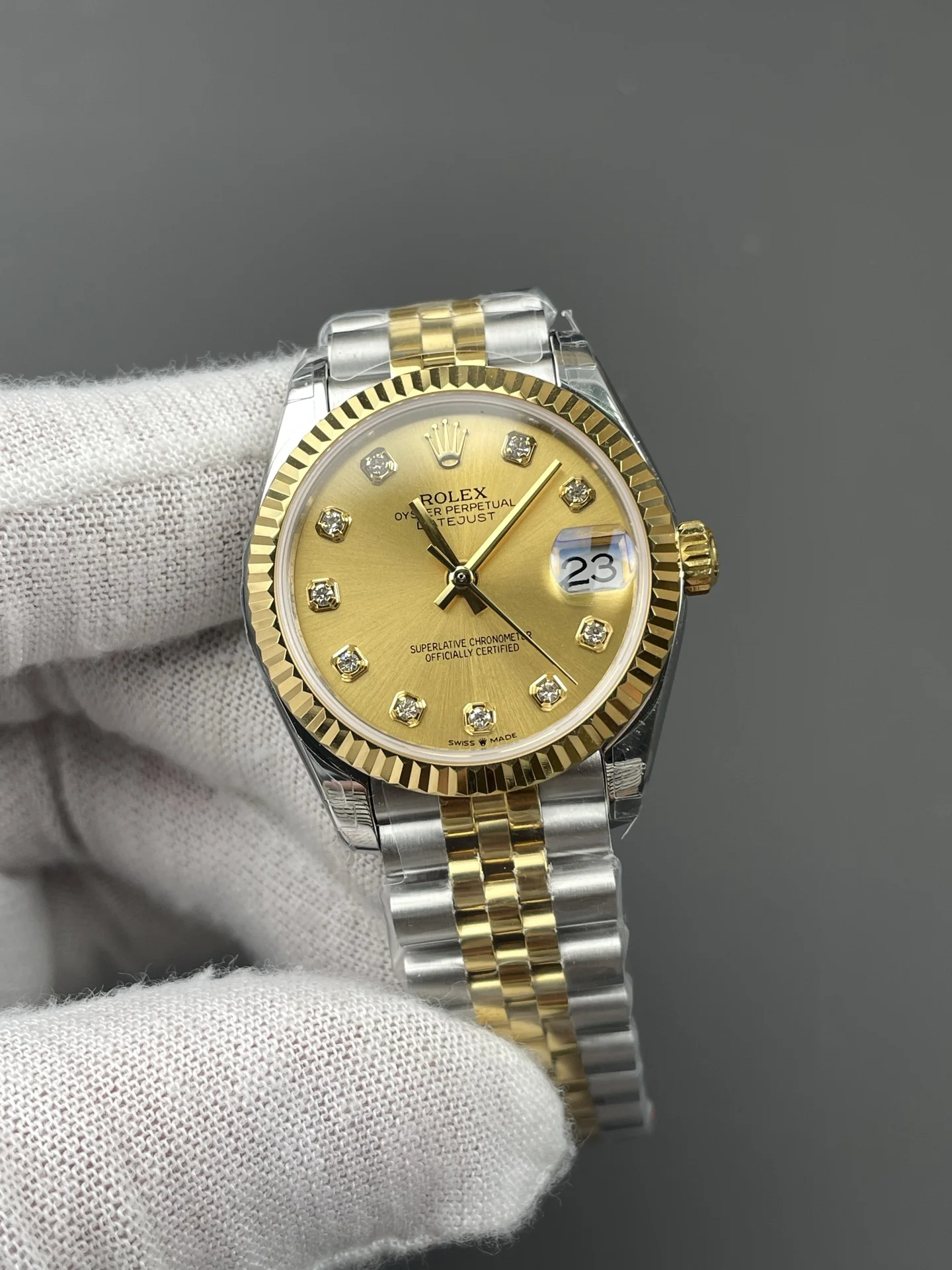 Rolex Datejust Two-Tone Diamond-Set 31mm — photographed off the sweep