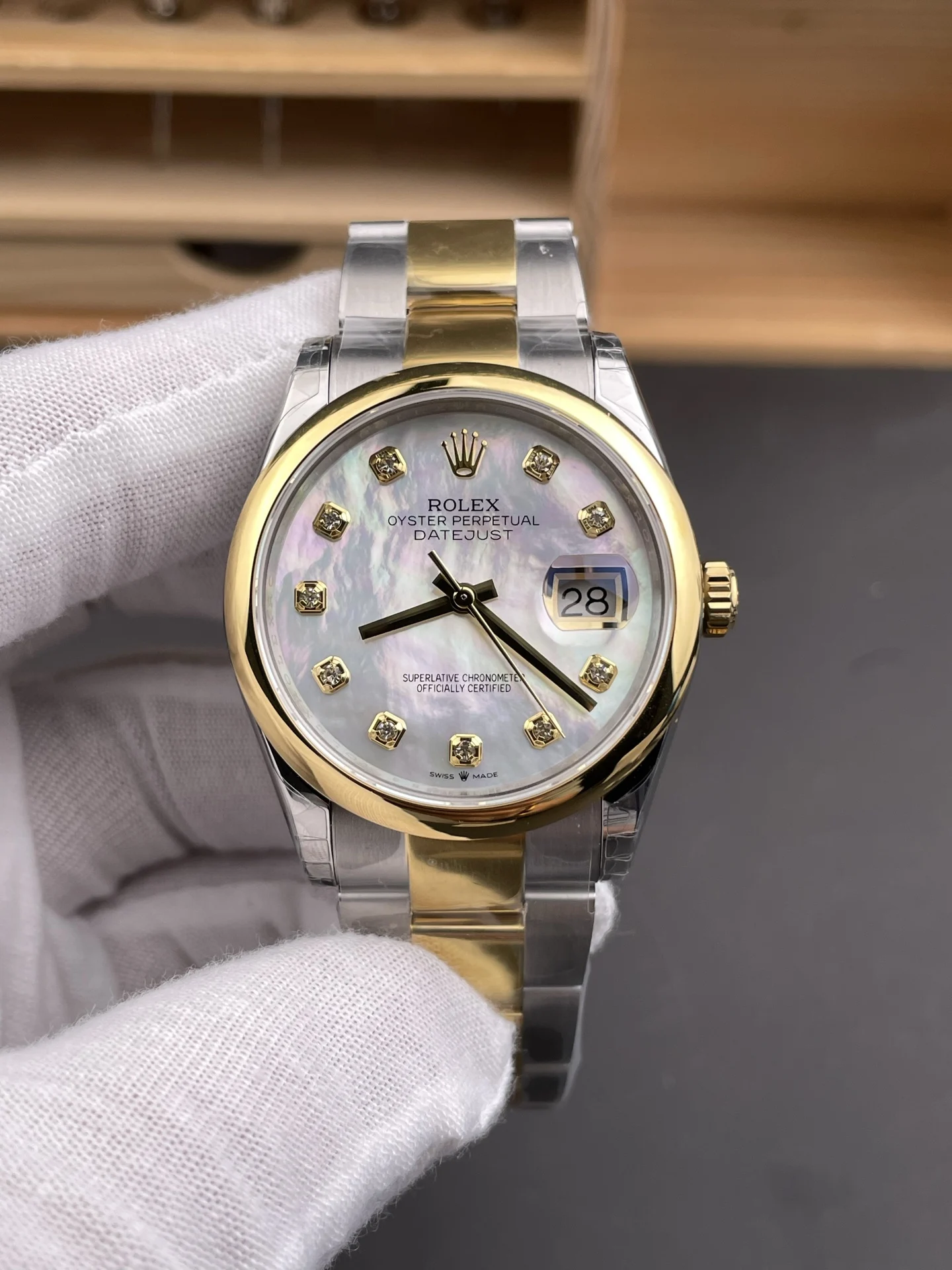 Rolex Datejust Two-Tone Diamond-Set 36mm — photographed off the sweep