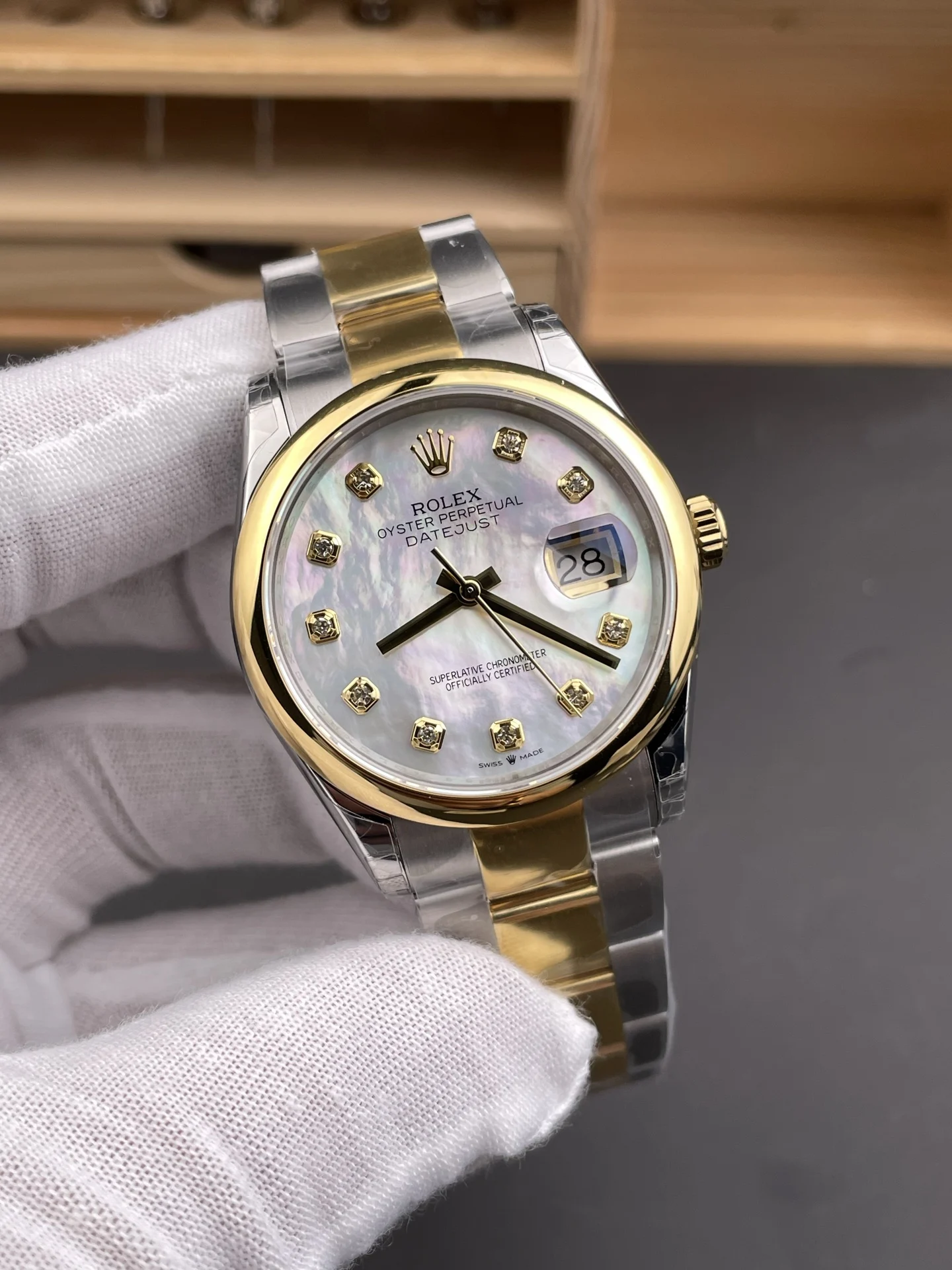 Rolex Datejust Two-Tone Diamond-Set 36mm — photographed off the sweep