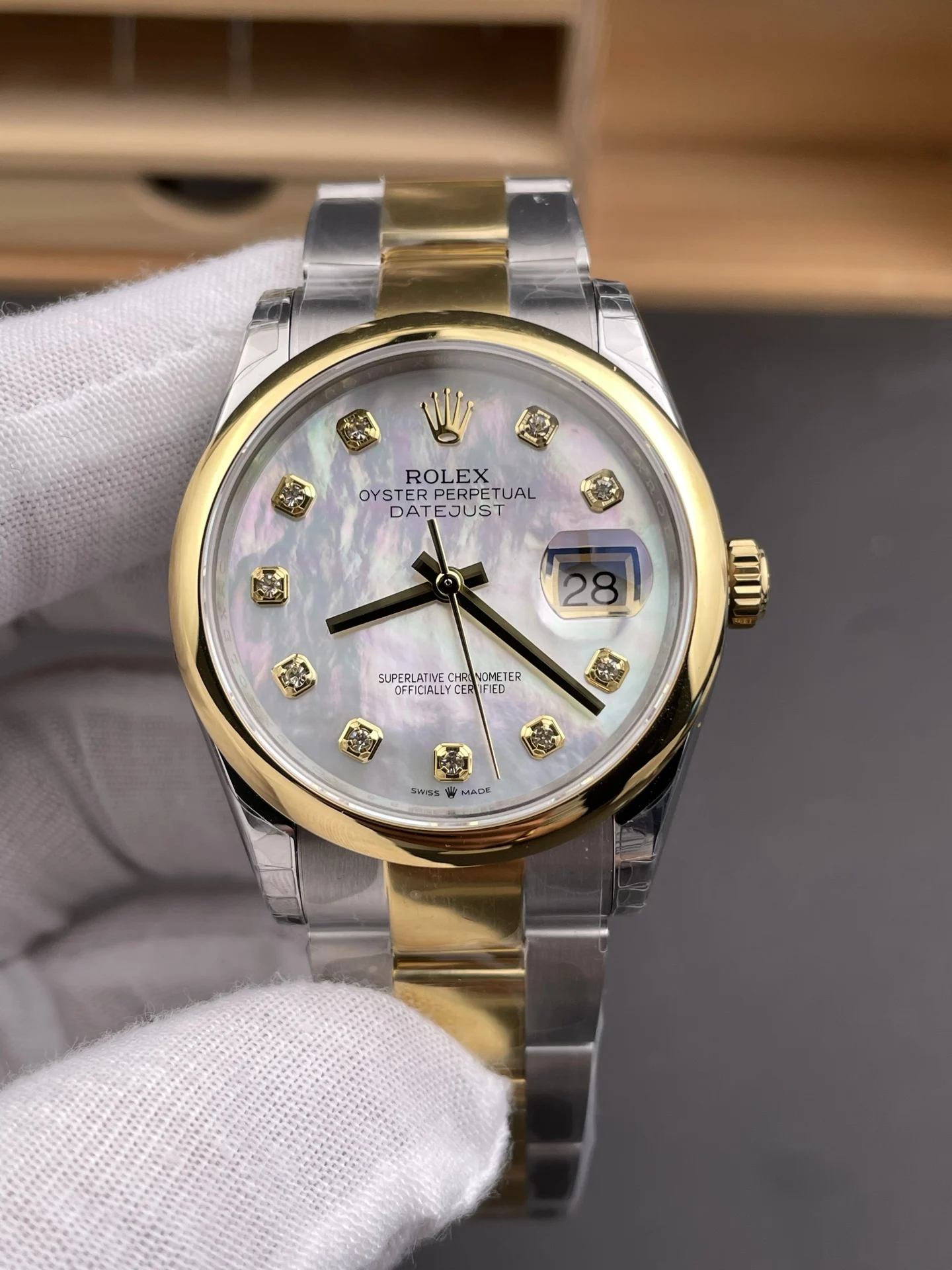 Rolex Datejust Two-Tone Diamond-Set 36mm — photographed off the sweep