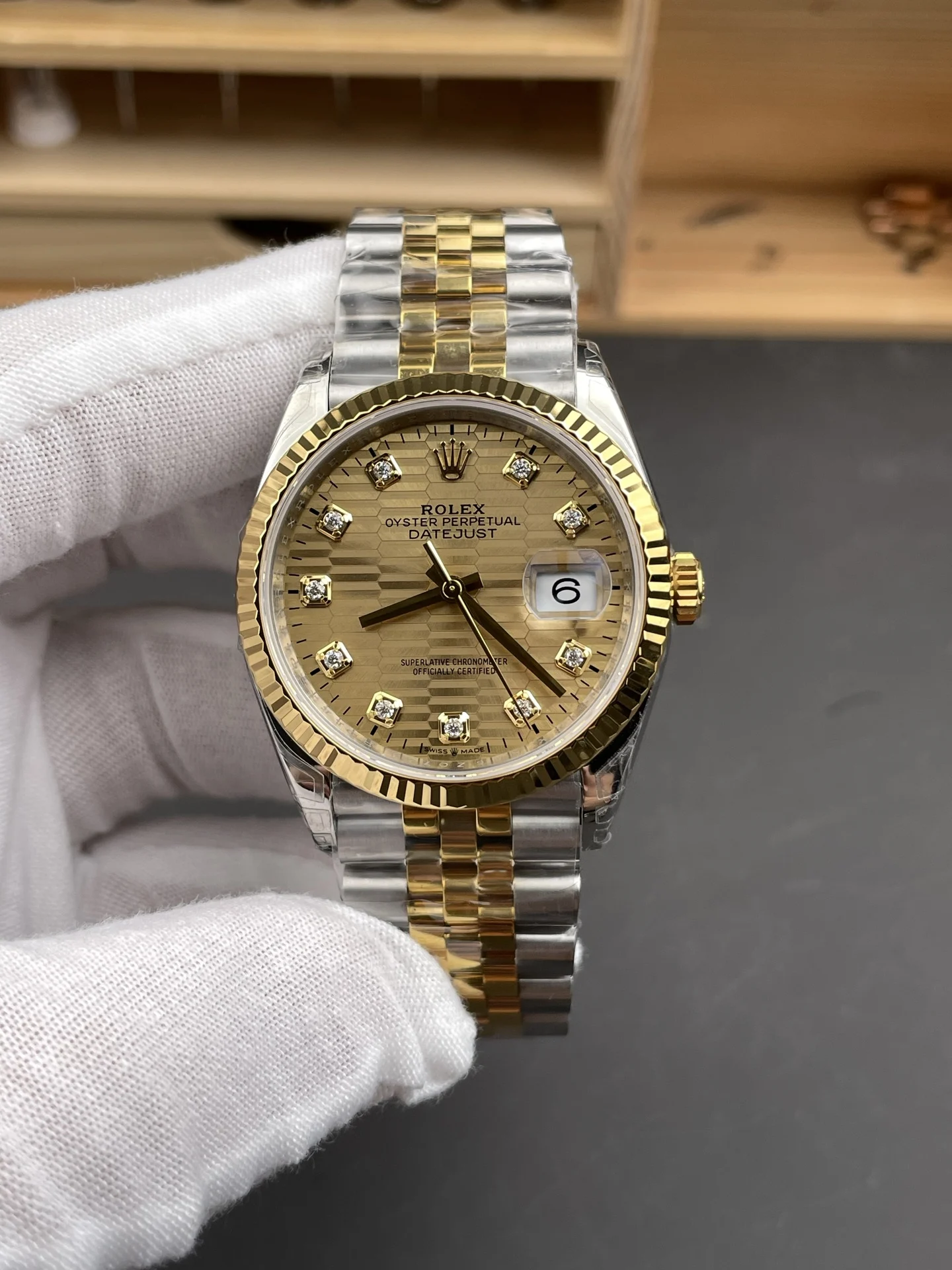 Rolex Datejust Two-Tone Diamond-Set 36mm — photographed off the sweep