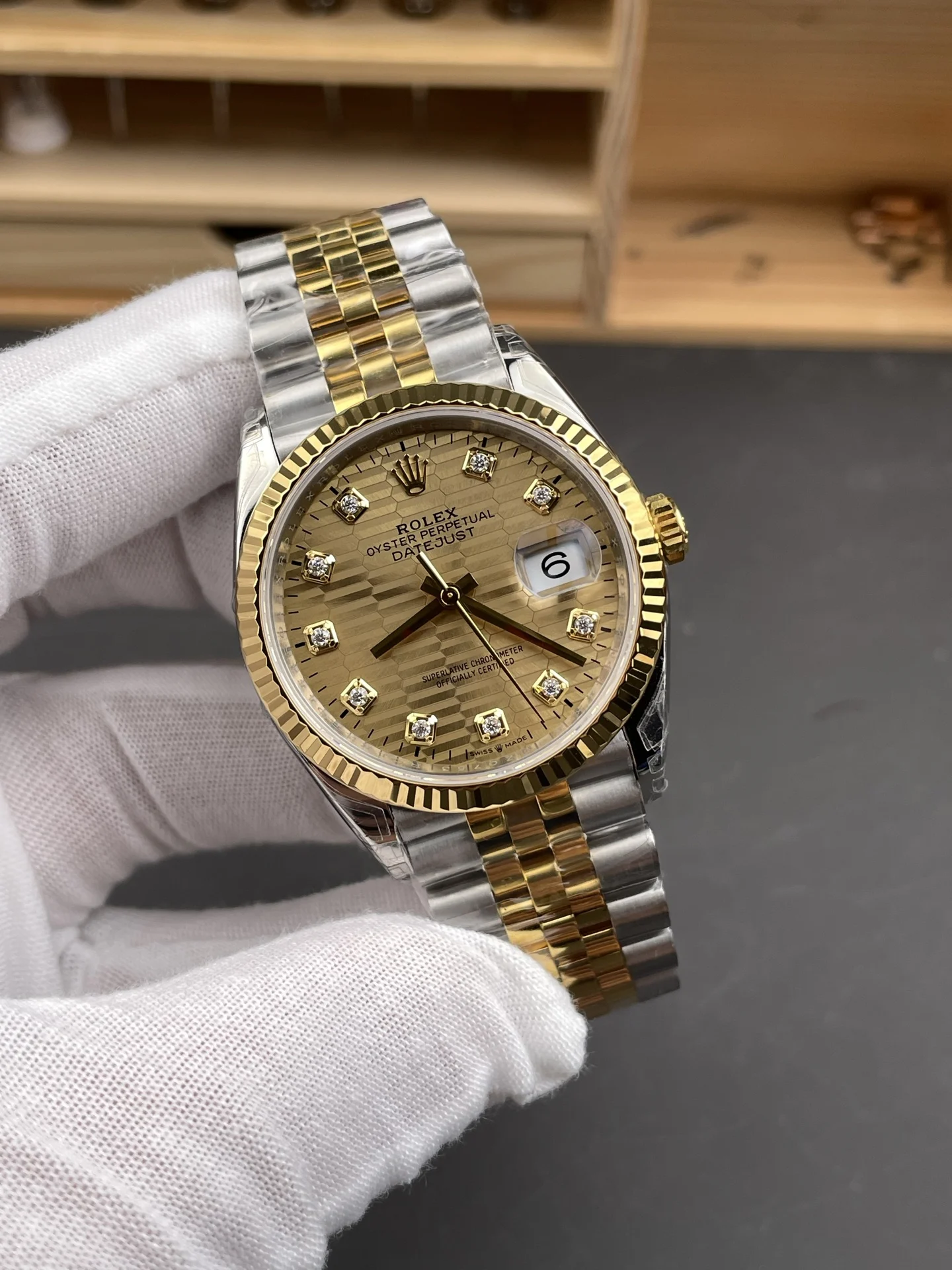 Rolex Datejust Two-Tone Diamond-Set 36mm — photographed off the sweep