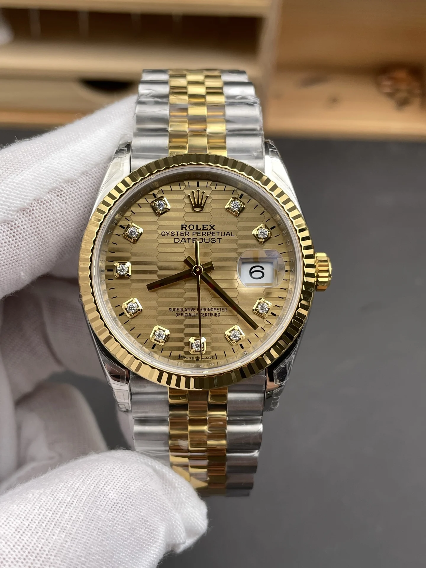 Rolex Datejust Two-Tone Diamond-Set 36mm — photographed off the sweep