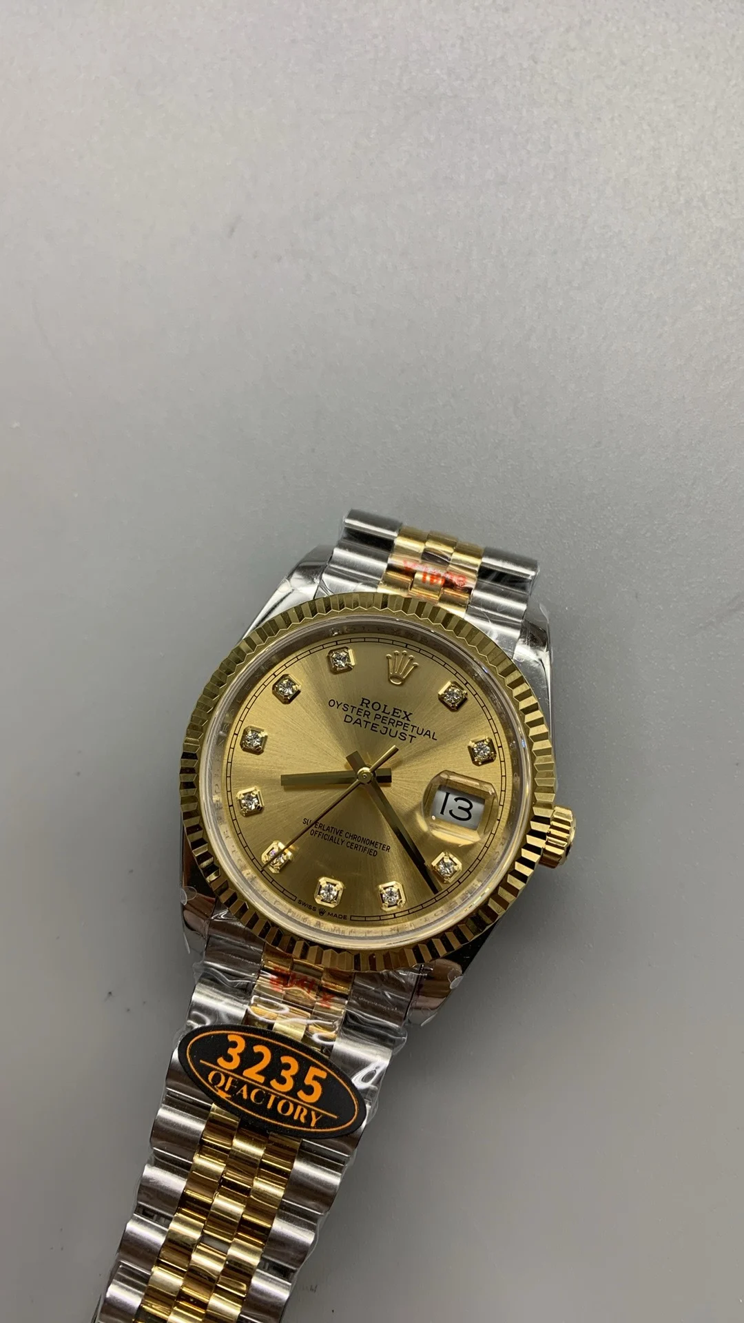 Rolex Datejust Two-Tone Diamond-Set 36mm — photographed off the sweep