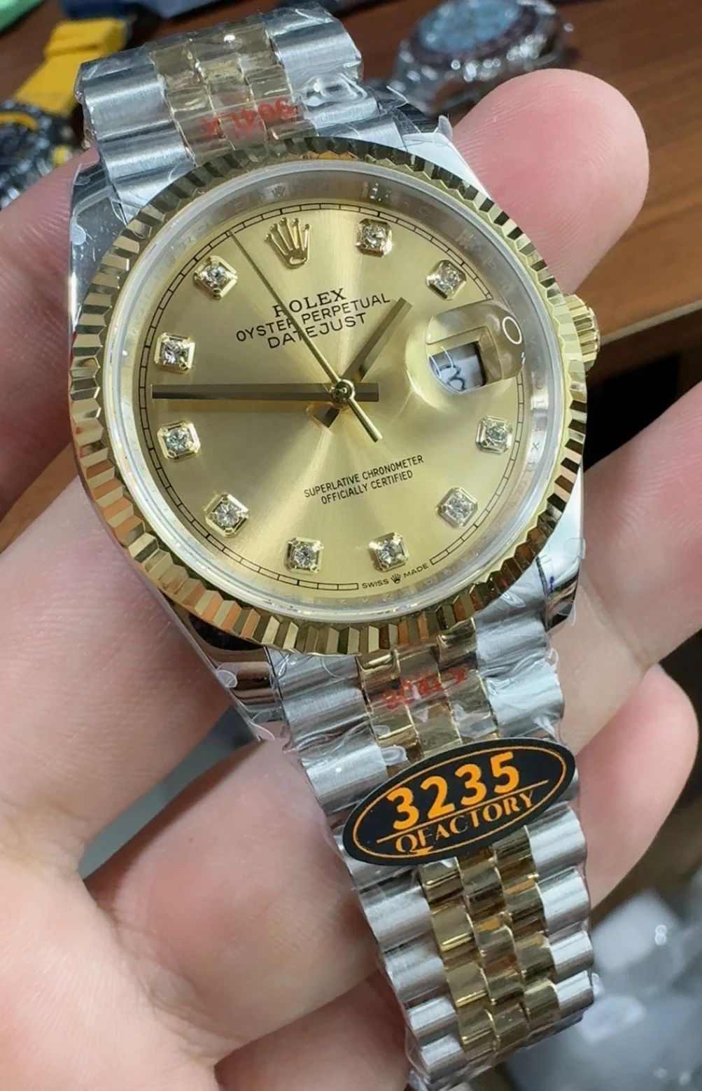 Rolex Datejust Two-Tone Diamond-Set 36mm — photographed off the sweep