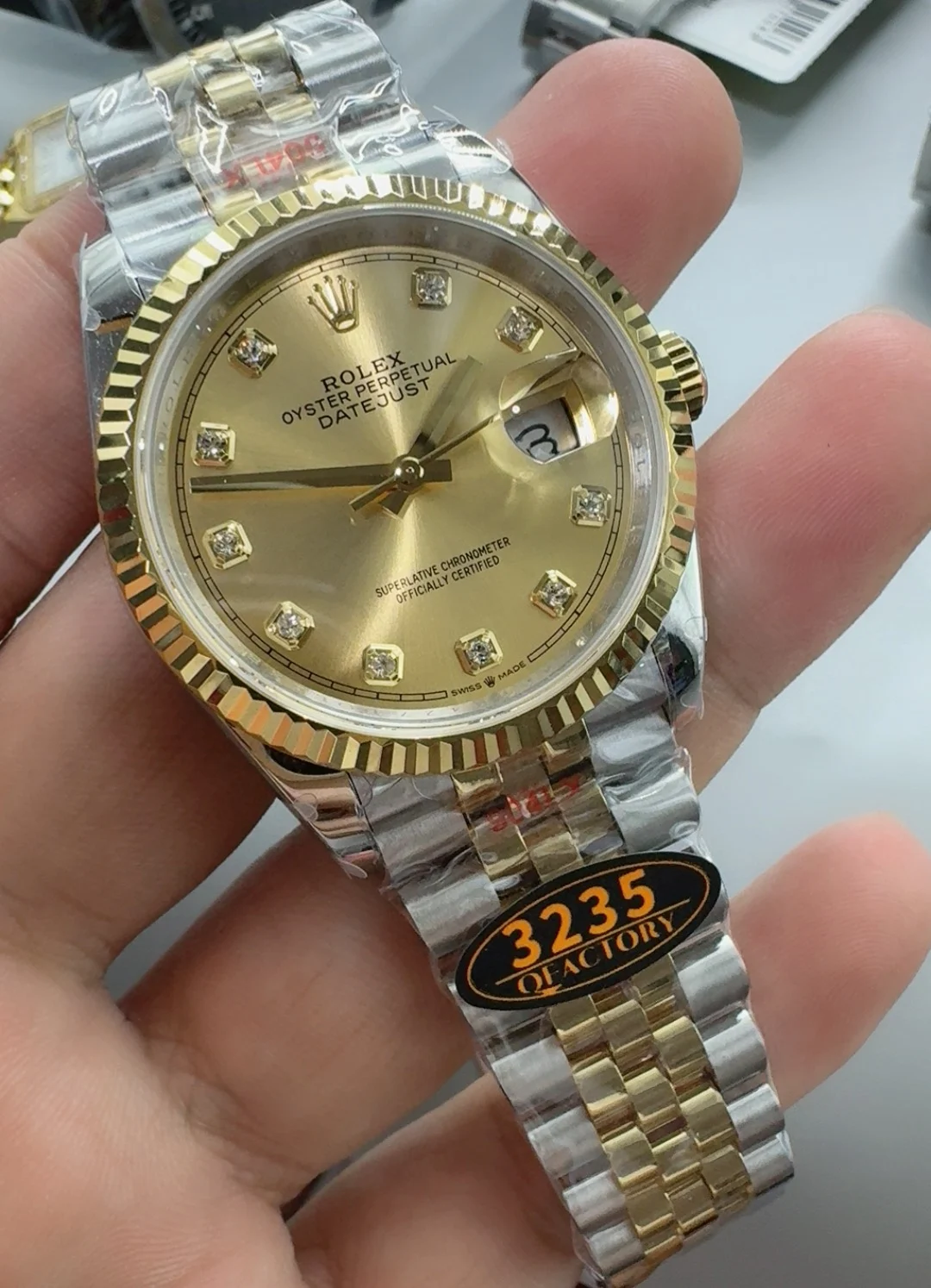 Rolex Datejust Two-Tone Diamond-Set 36mm — photographed off the sweep