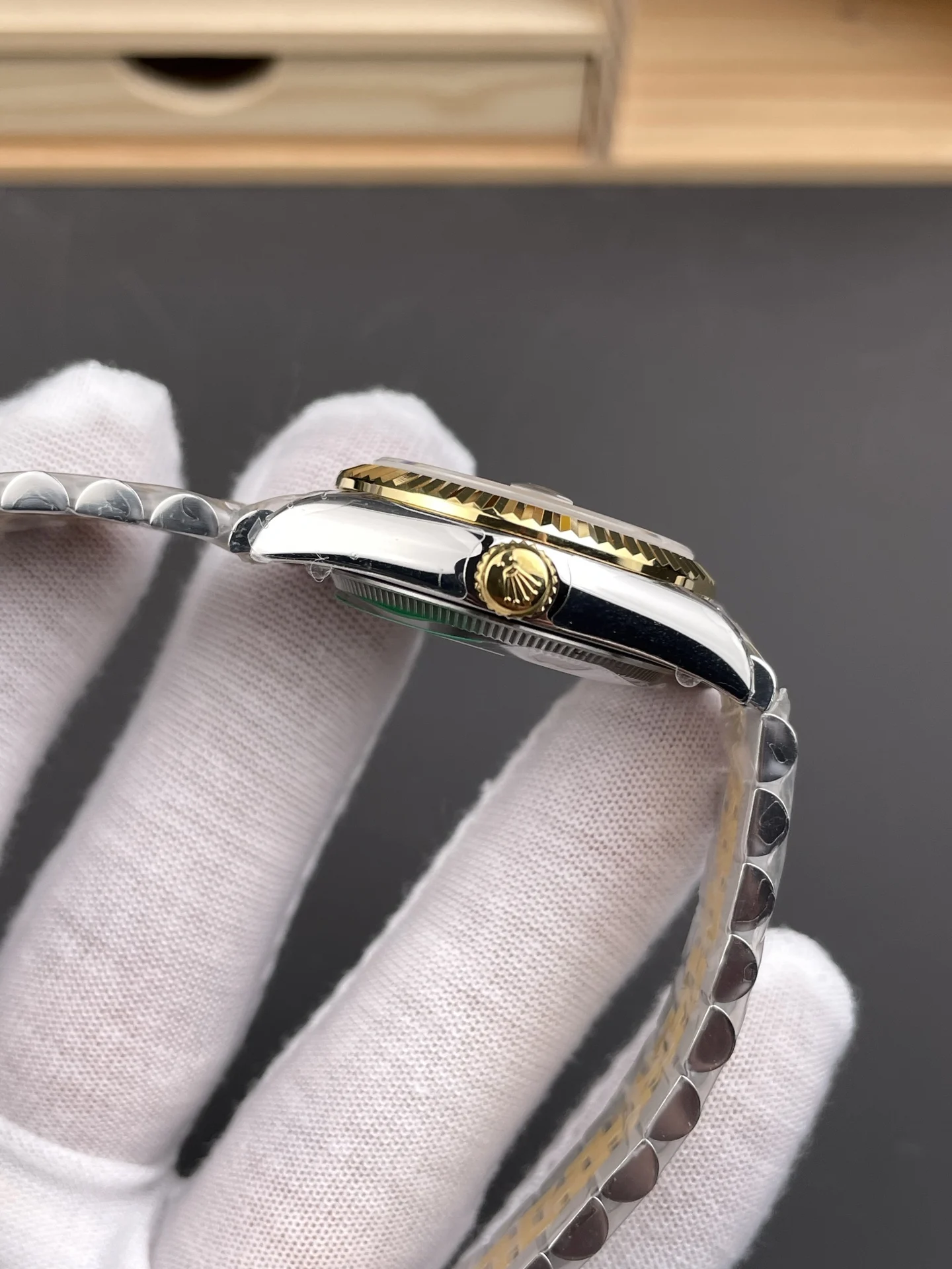 Rolex Datejust Two-Tone Green Dial 31mm — photographed off the sweep