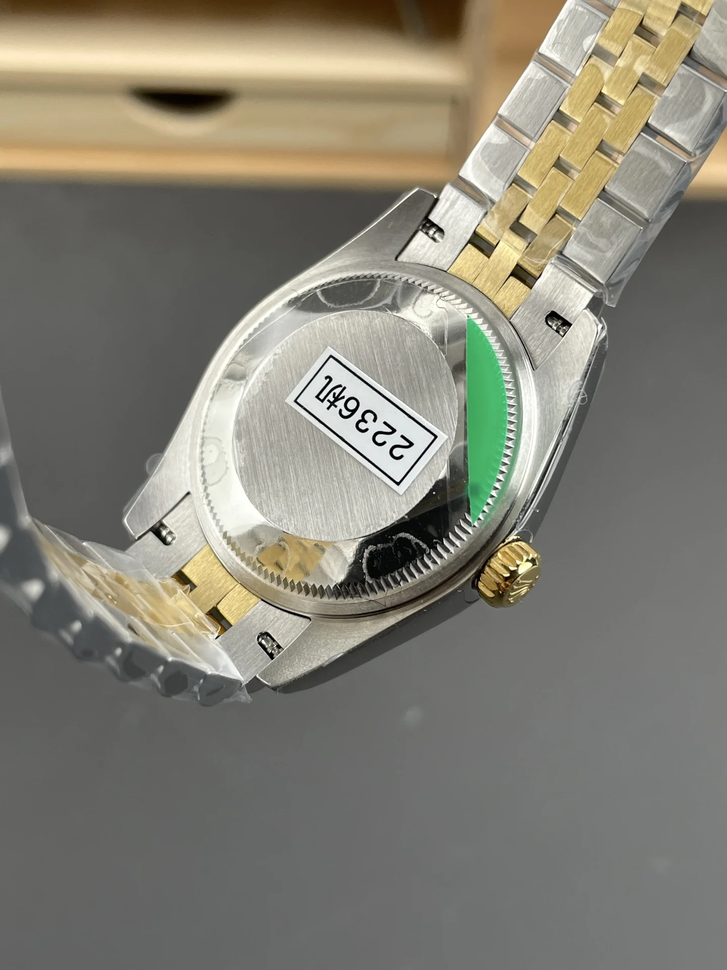 Rolex Datejust Two-Tone Green Dial 31mm — photographed off the sweep