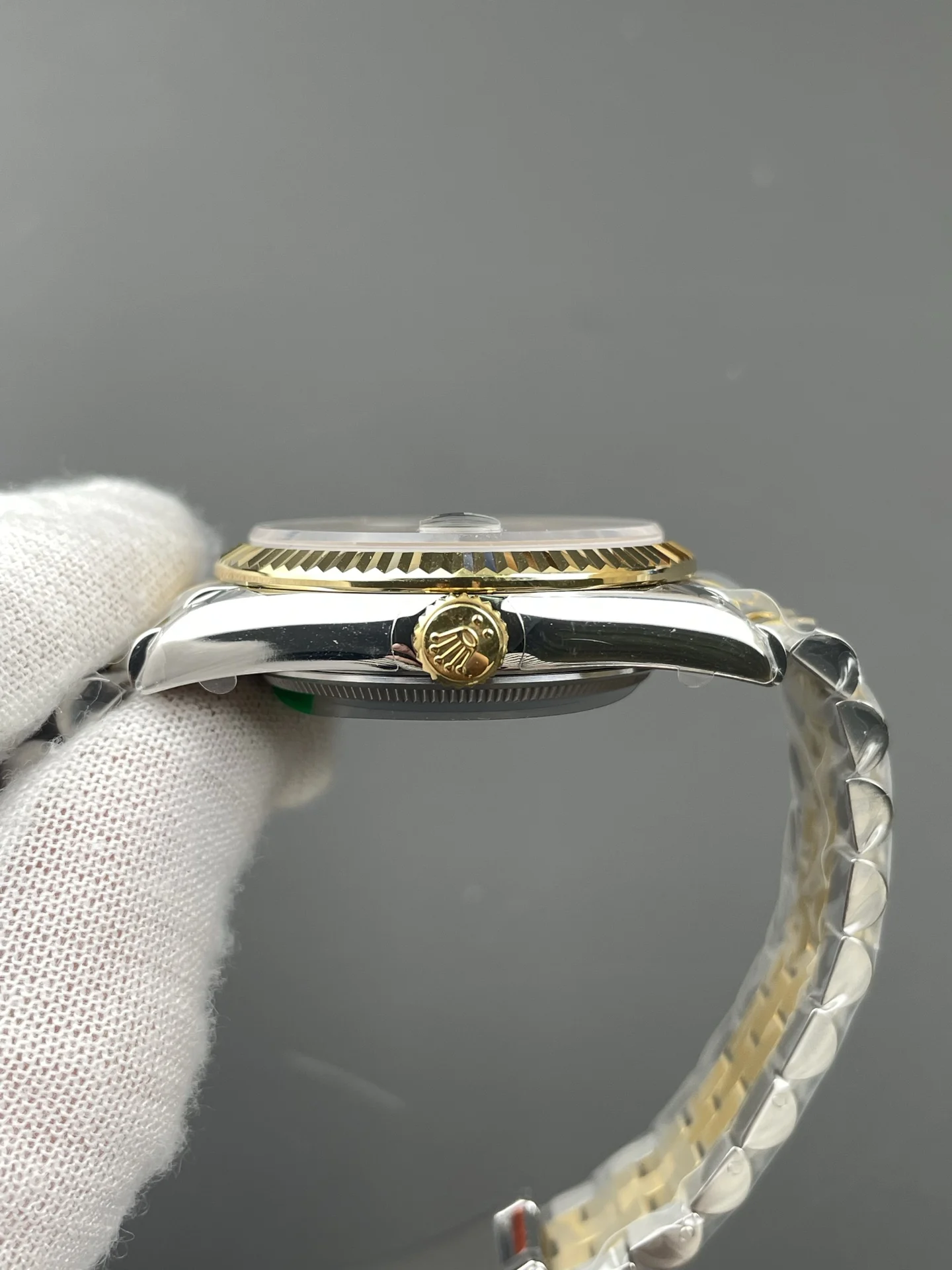 Rolex Datejust Two-Tone Green Dial 36mm — photographed off the sweep