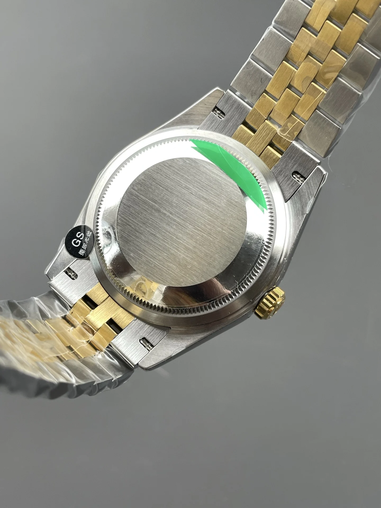 Rolex Datejust Two-Tone Green Dial 36mm — photographed off the sweep