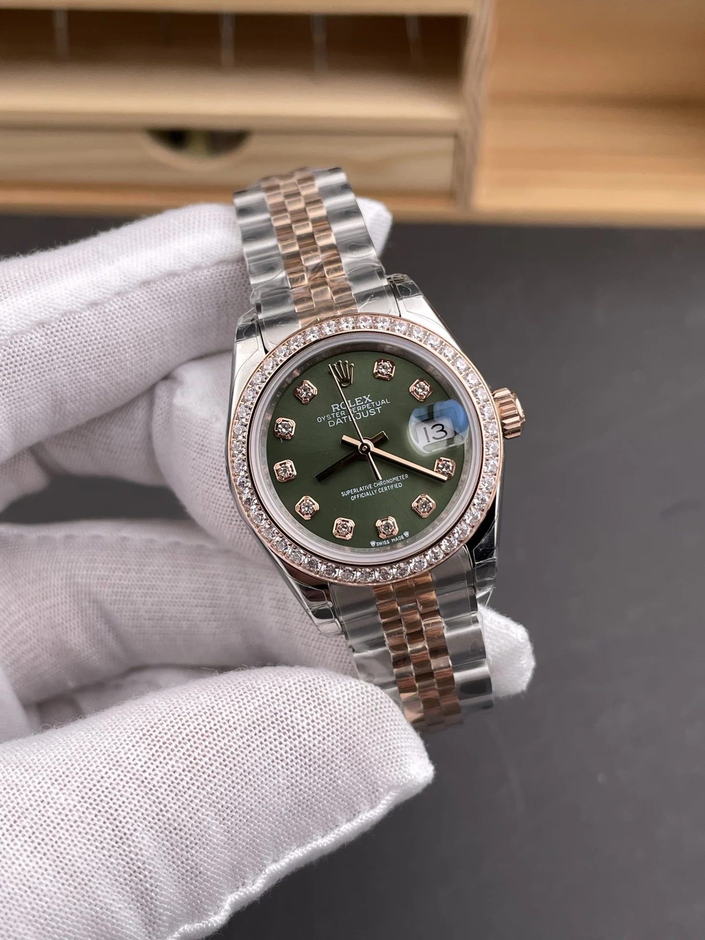 Rolex Datejust Two-Tone Green Dial Diamond-Set 28mm — photographed off the sweep