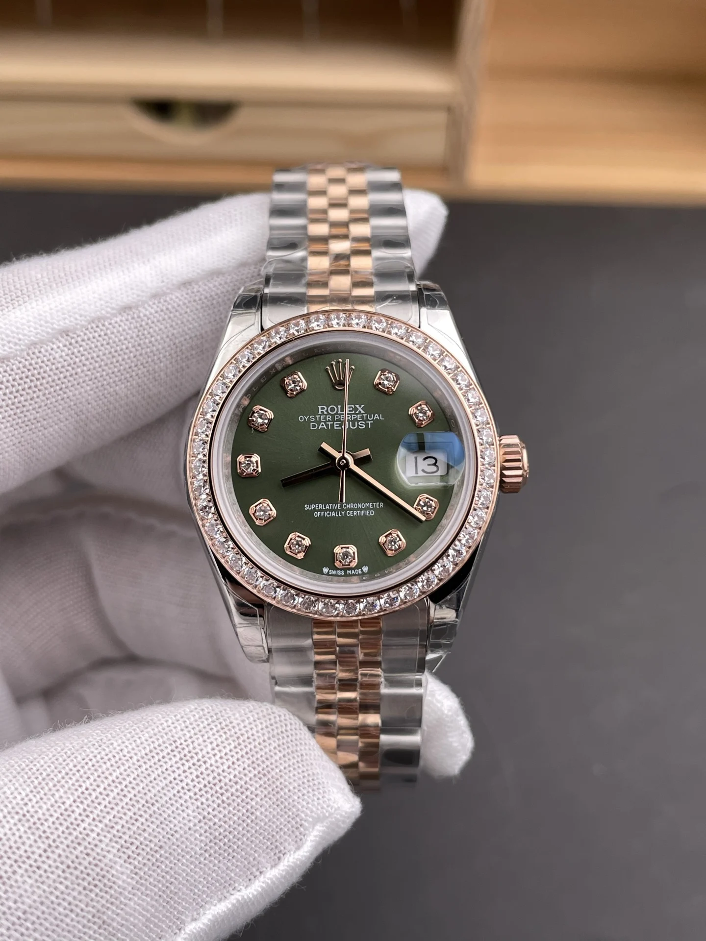 Rolex Datejust Two-Tone Green Dial Diamond-Set 28mm — photographed off the sweep