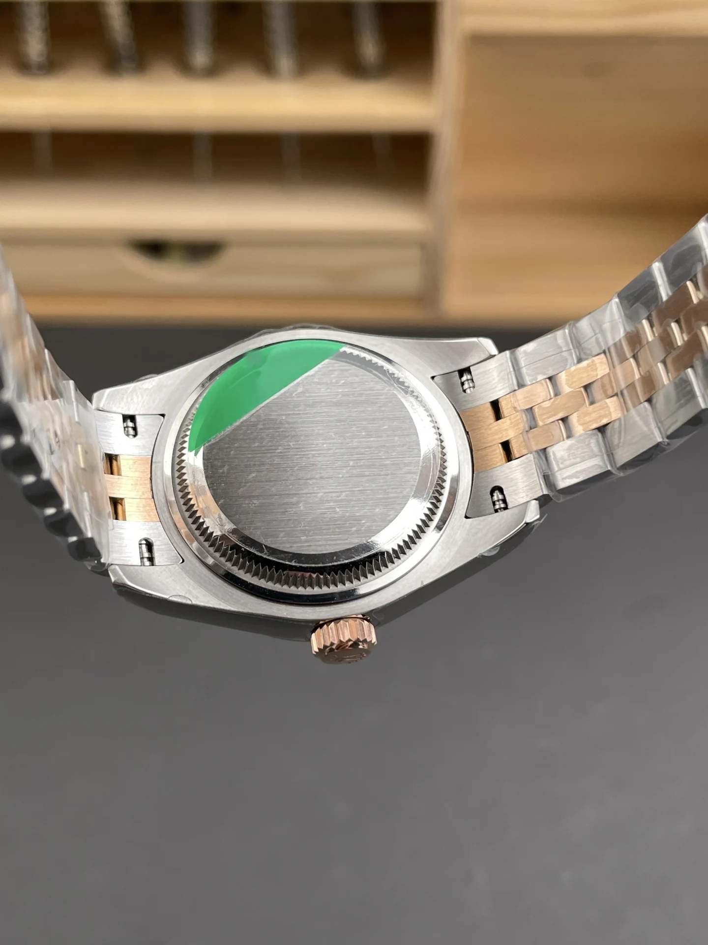 Rolex Datejust Two-Tone Green Dial Diamond-Set 28mm — photographed off the sweep
