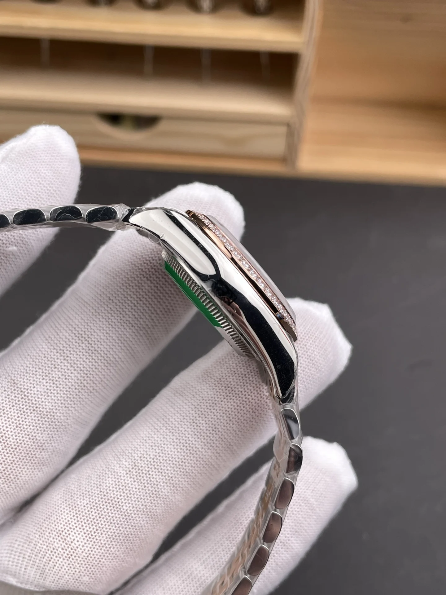 Rolex Datejust Two-Tone Green Dial Diamond-Set 28mm — photographed off the sweep