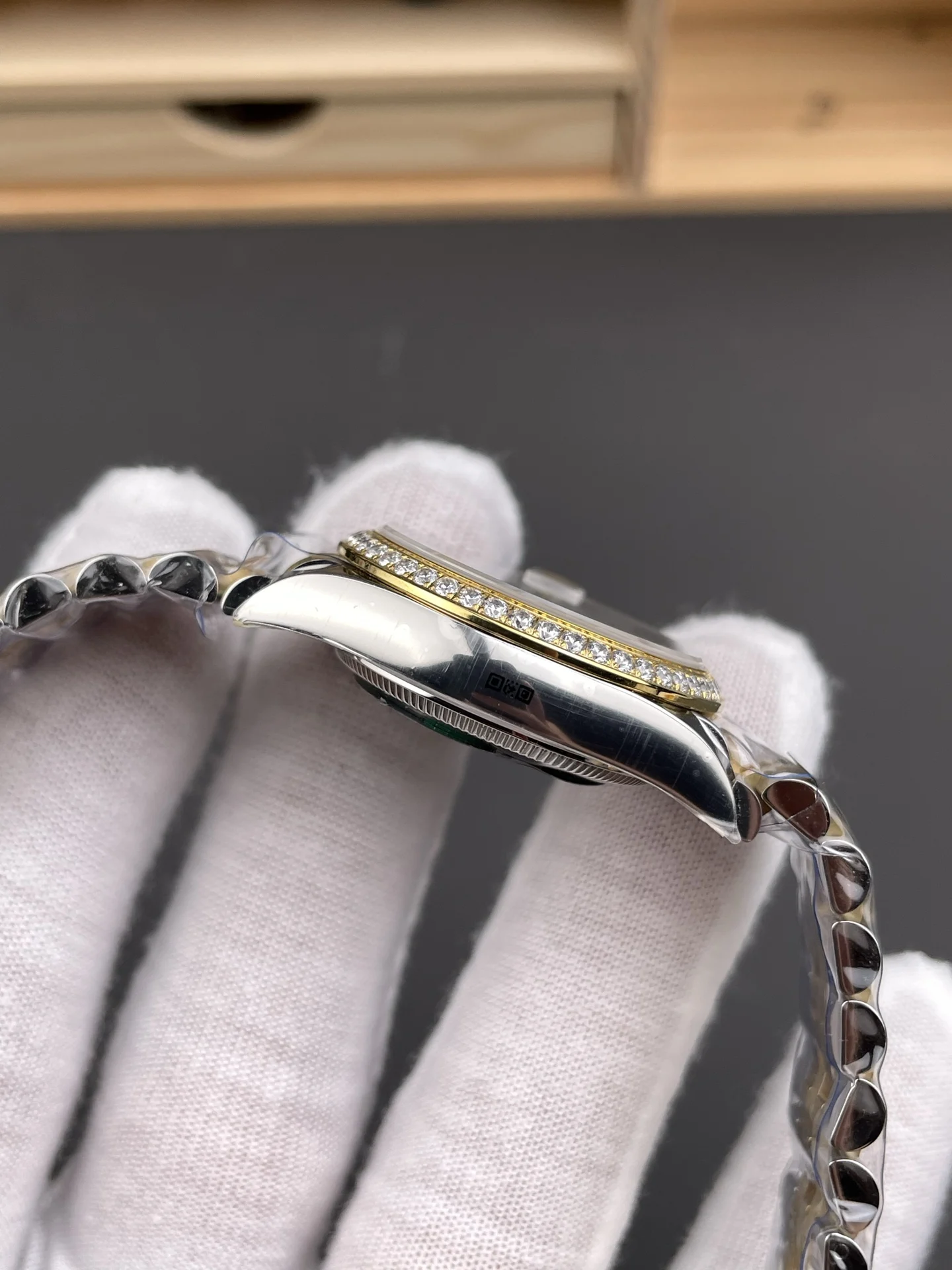 Rolex Datejust Two-Tone Green Dial Diamond-Set 31mm — photographed off the sweep