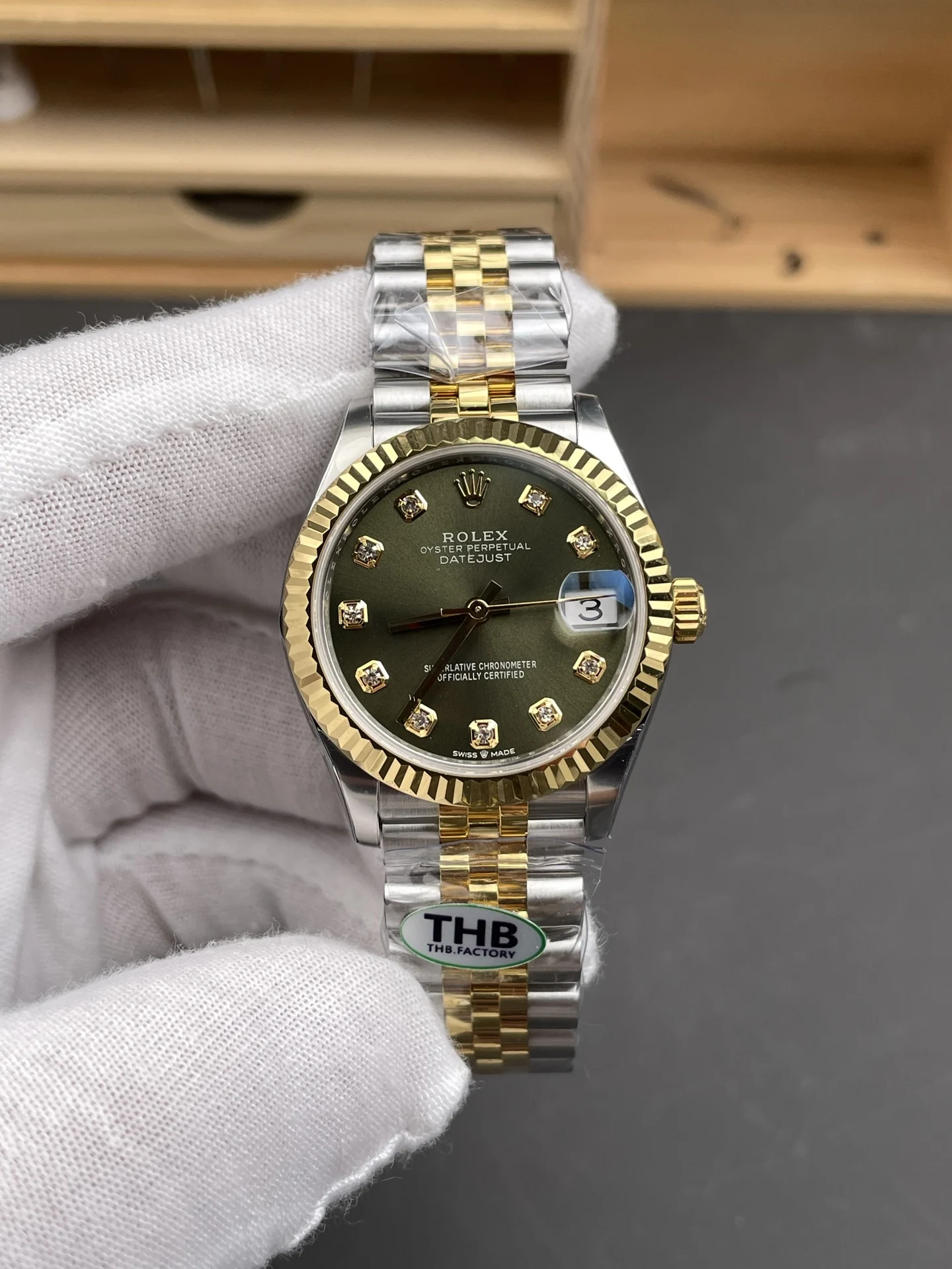 Rolex Datejust Two-Tone Green Dial Diamond-Set 31mm — photographed off the sweep