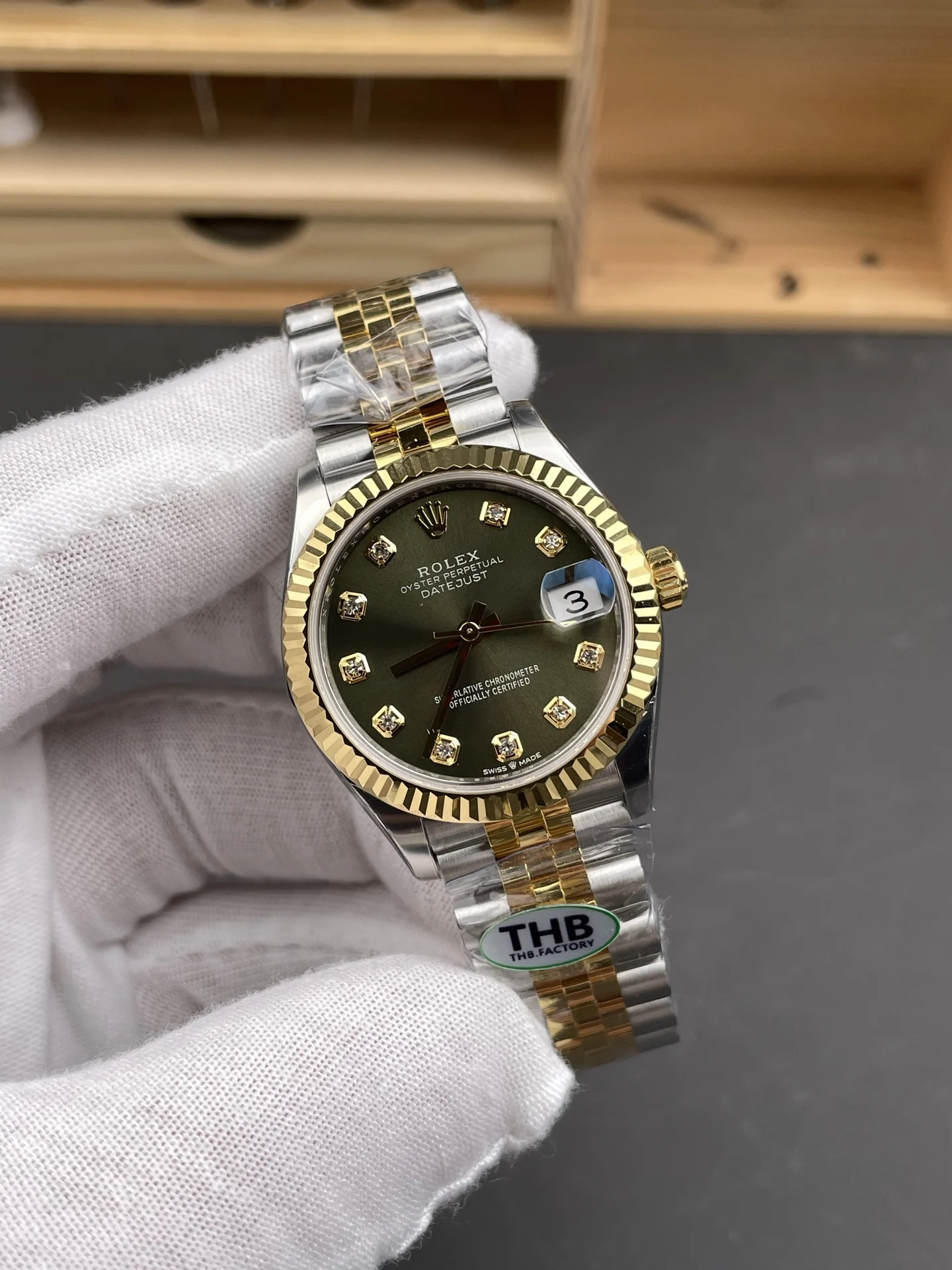 Rolex Datejust Two-Tone Green Dial Diamond-Set 31mm — photographed off the sweep