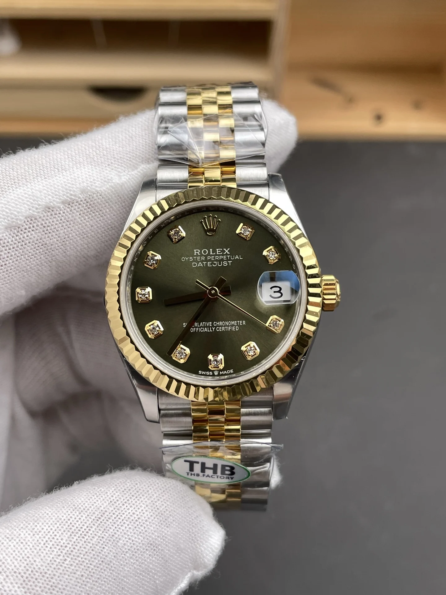 Rolex Datejust Two-Tone Green Dial Diamond-Set 31mm — photographed off the sweep