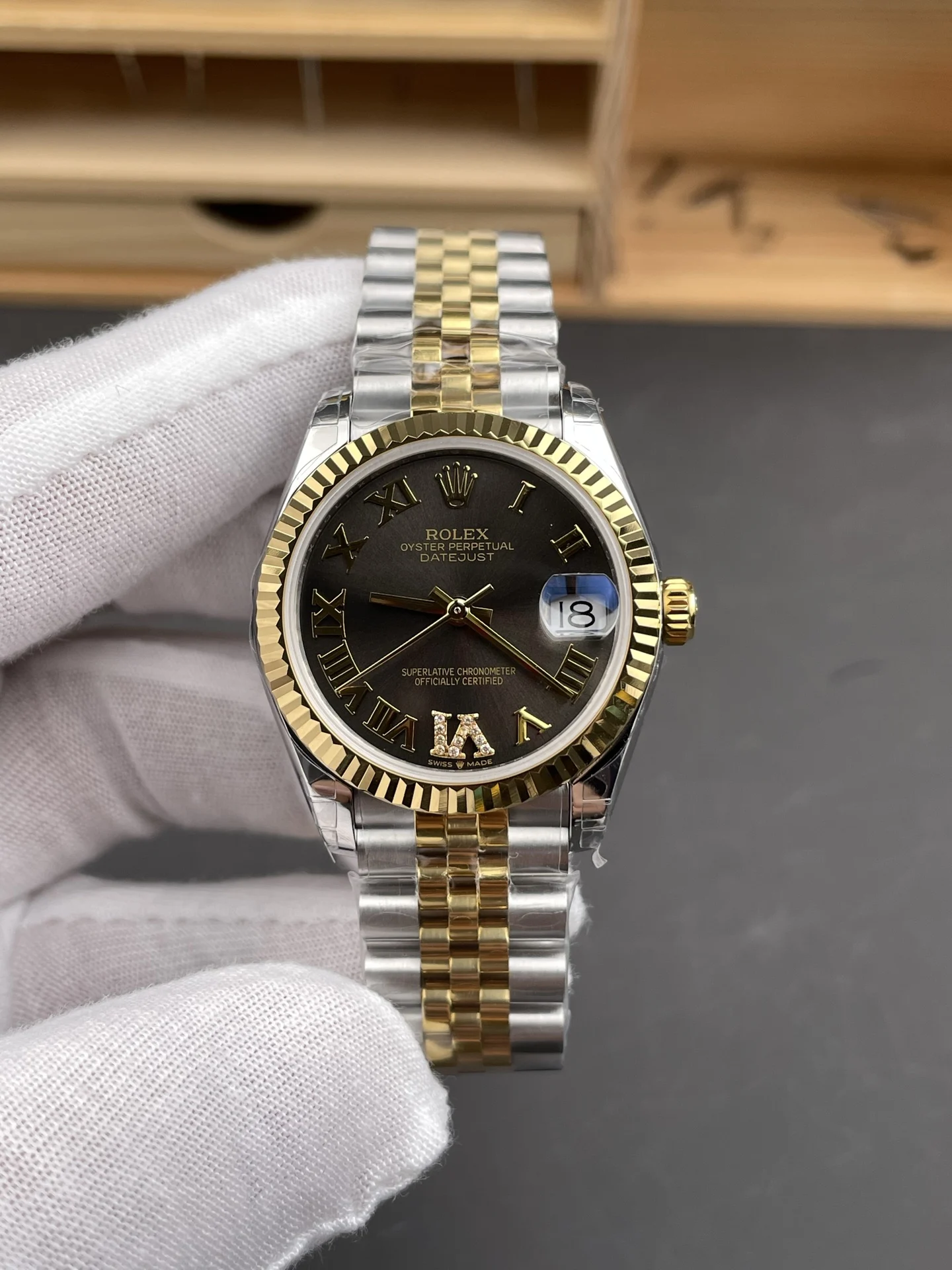Rolex Datejust Two-Tone Grey Dial — photographed off the sweep