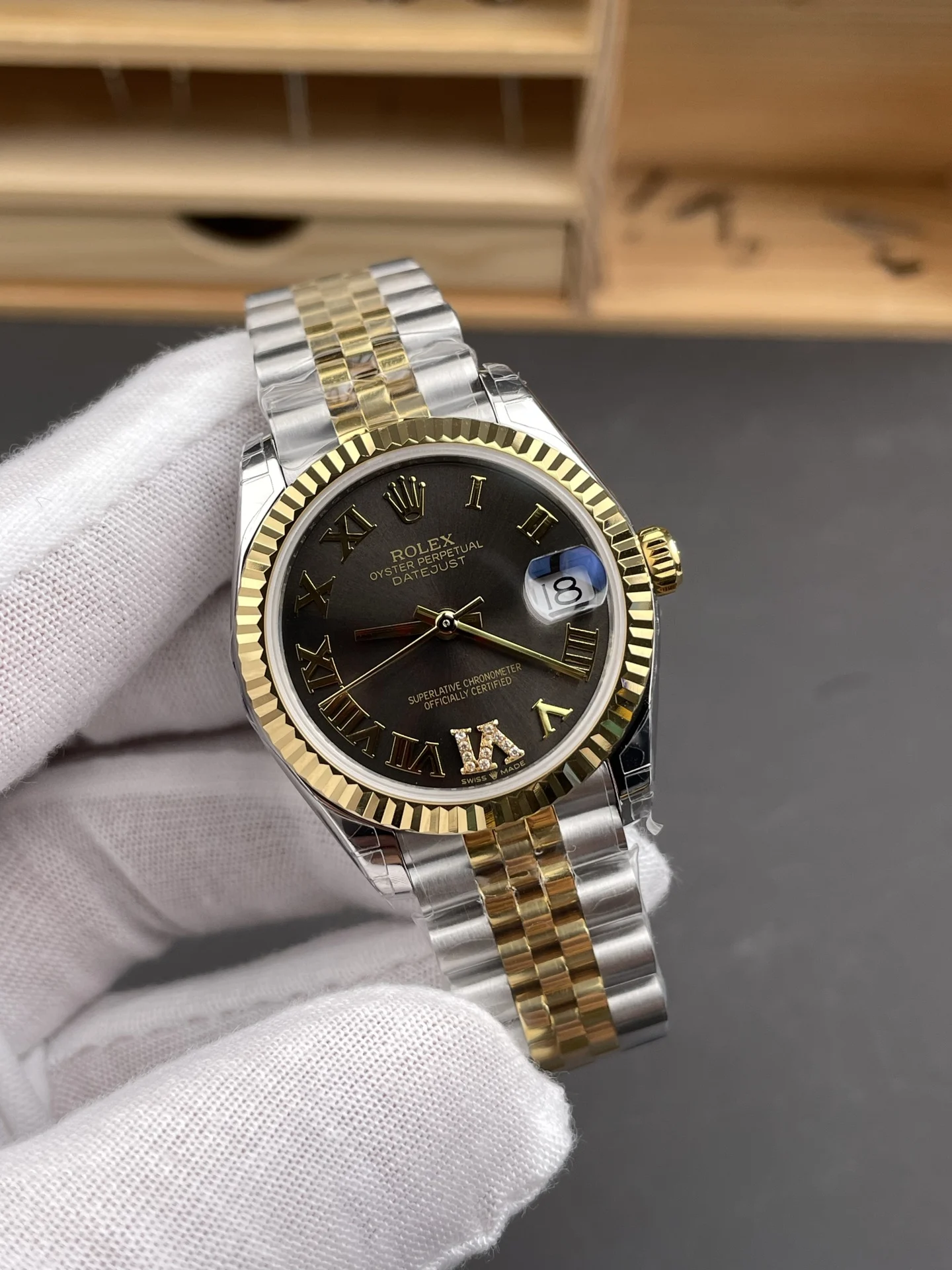 Rolex Datejust Two-Tone Grey Dial — photographed off the sweep
