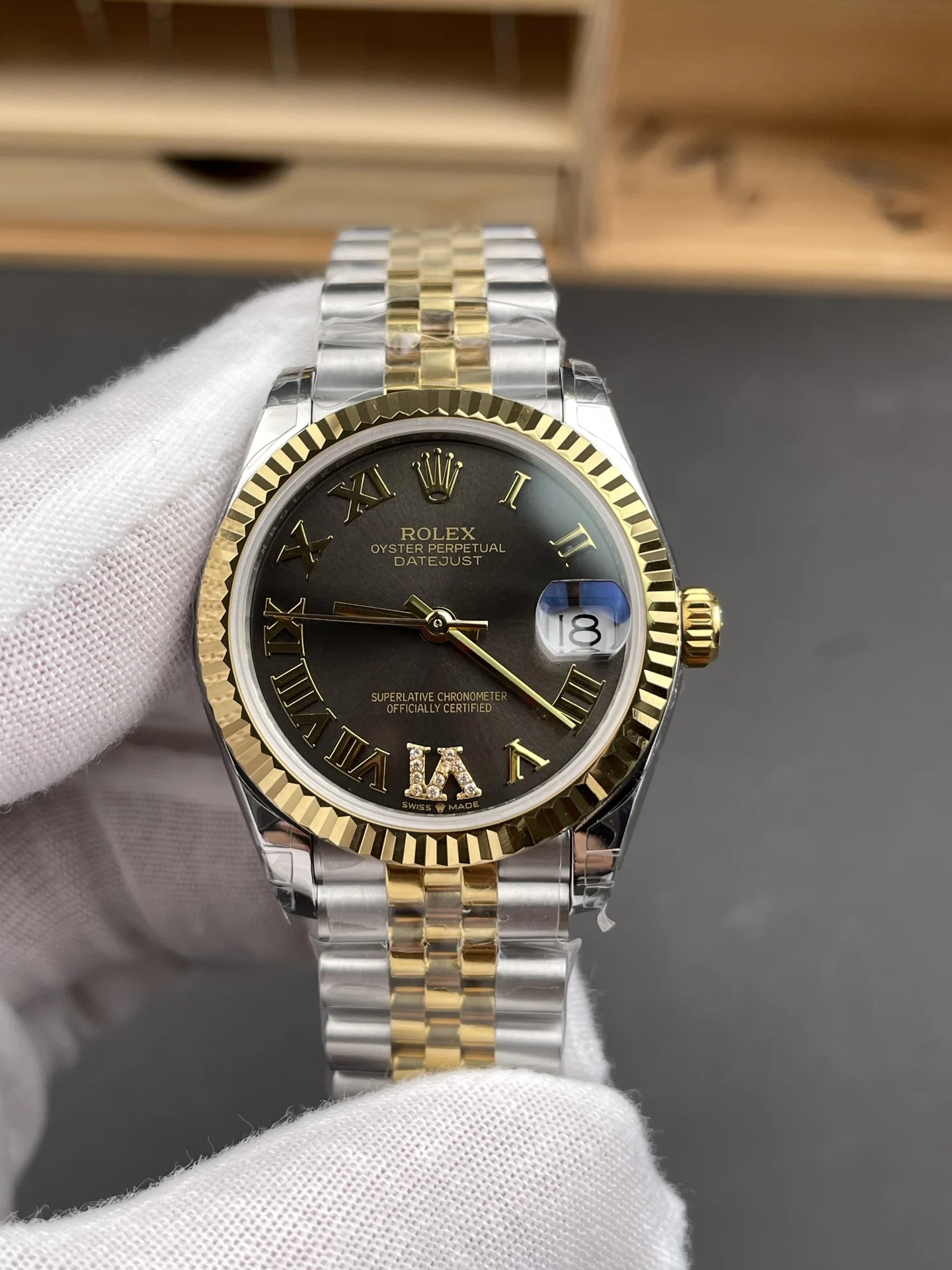 Rolex Datejust Two-Tone Grey Dial — photographed off the sweep