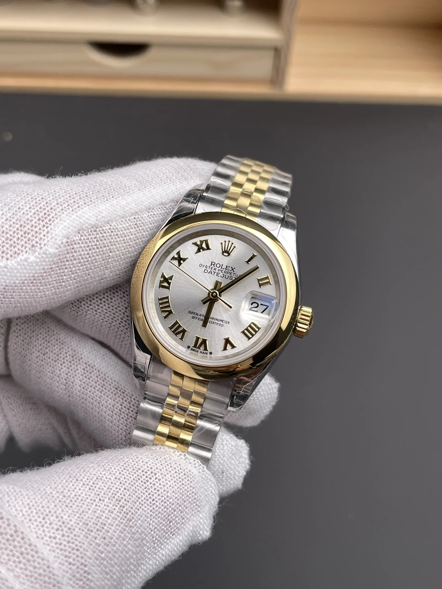 Rolex Datejust Two-Tone Silver Dial 28mm — photographed off the sweep