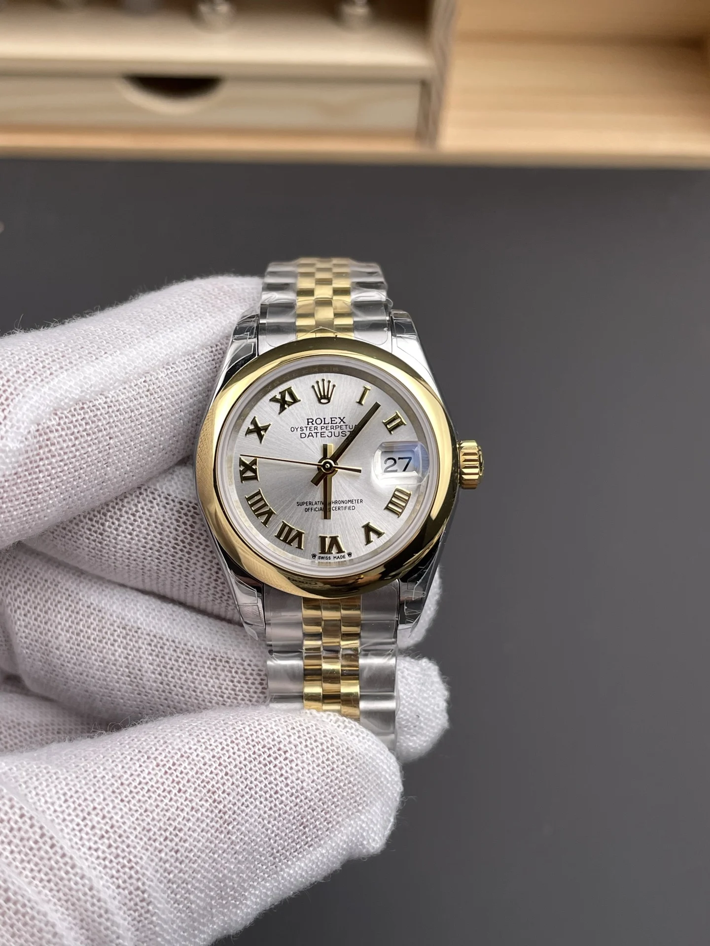 Rolex Datejust Two-Tone Silver Dial 28mm — photographed off the sweep