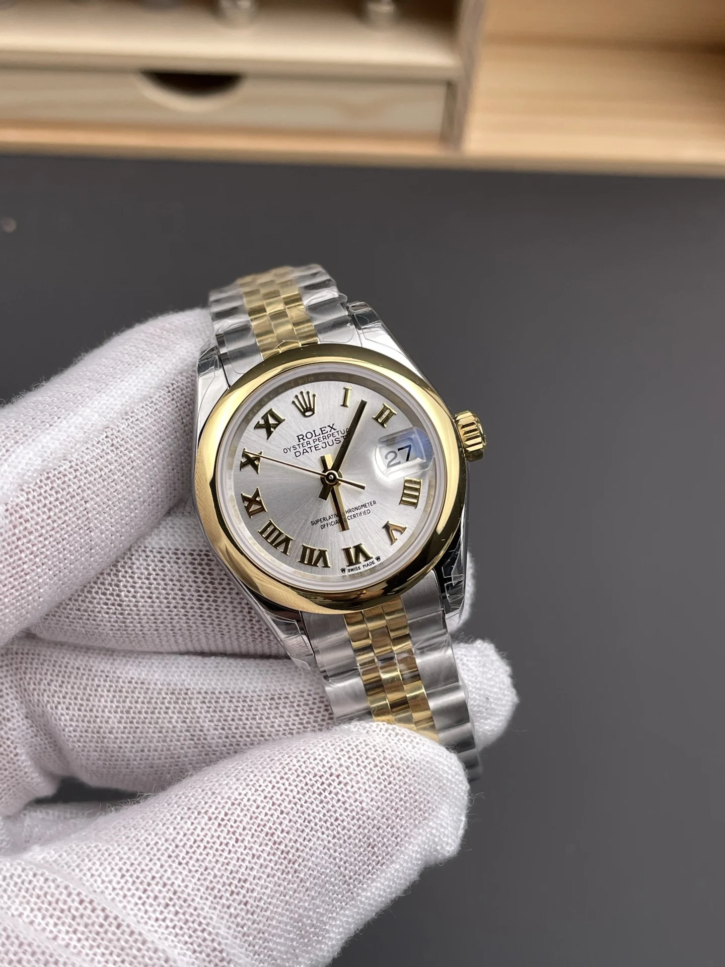 Rolex Datejust Two-Tone Silver Dial 28mm — photographed off the sweep