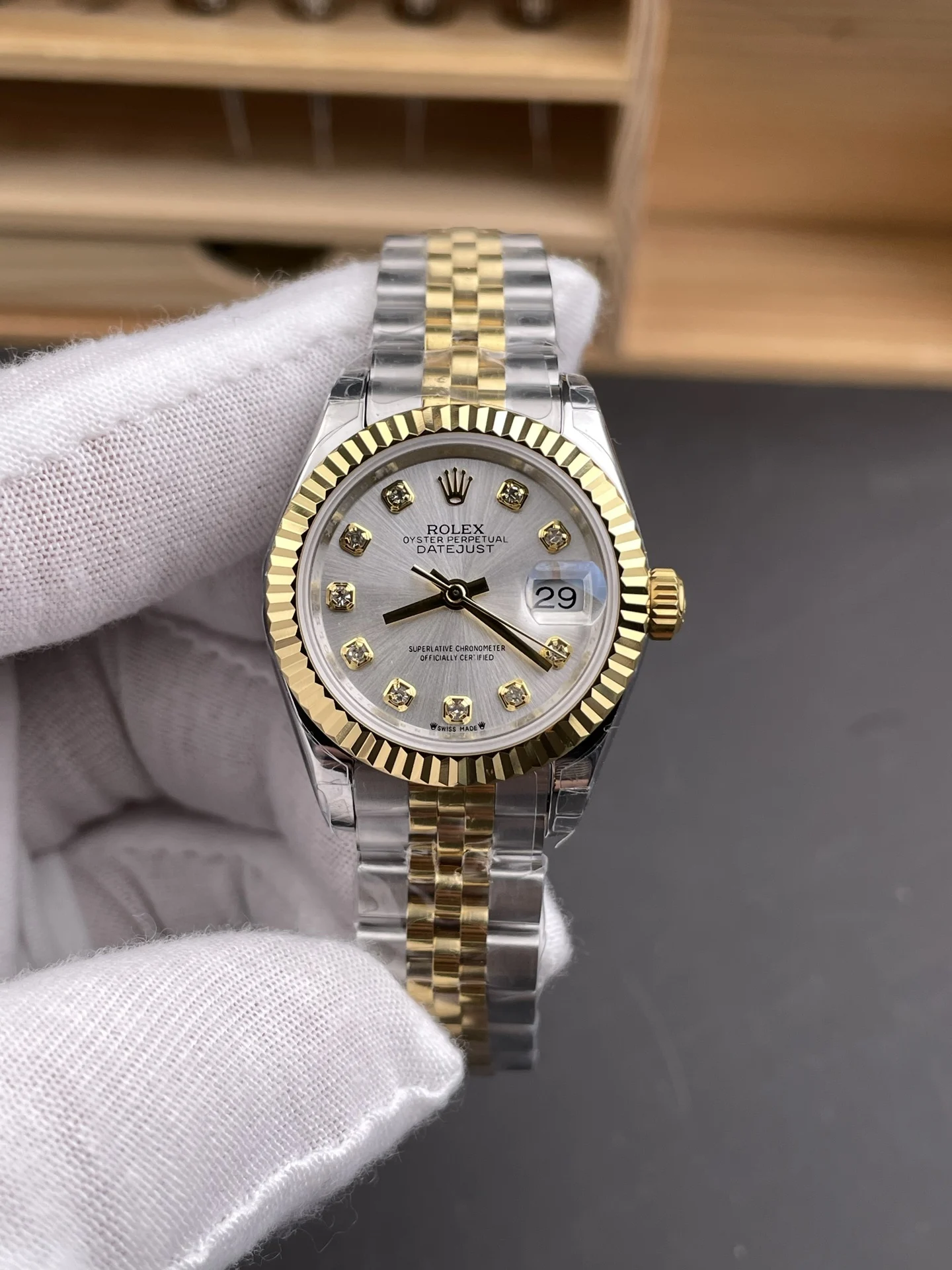 Rolex Datejust Two-Tone Silver Dial Diamond-Set 28mm — photographed off the sweep